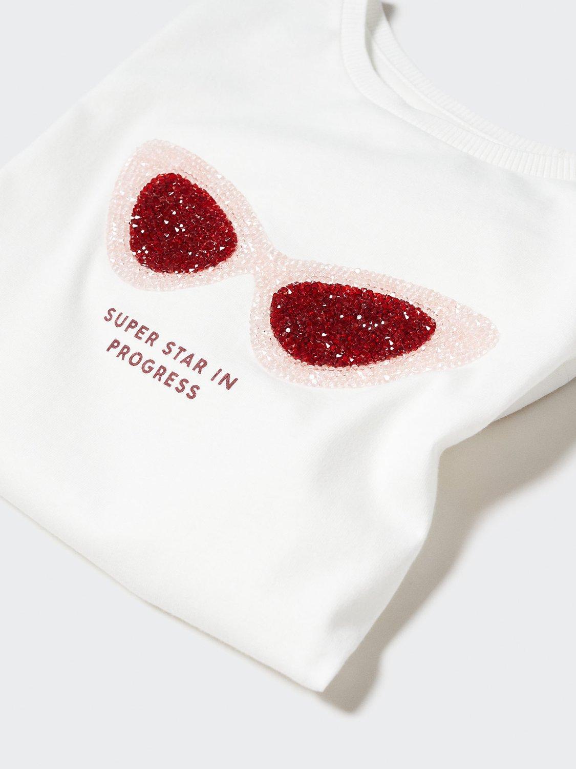 Product image 6 of 6, which shows Mango Kids' Sequin Glasses Short Sleeve T-Shirt, Natural White, 9-10 years