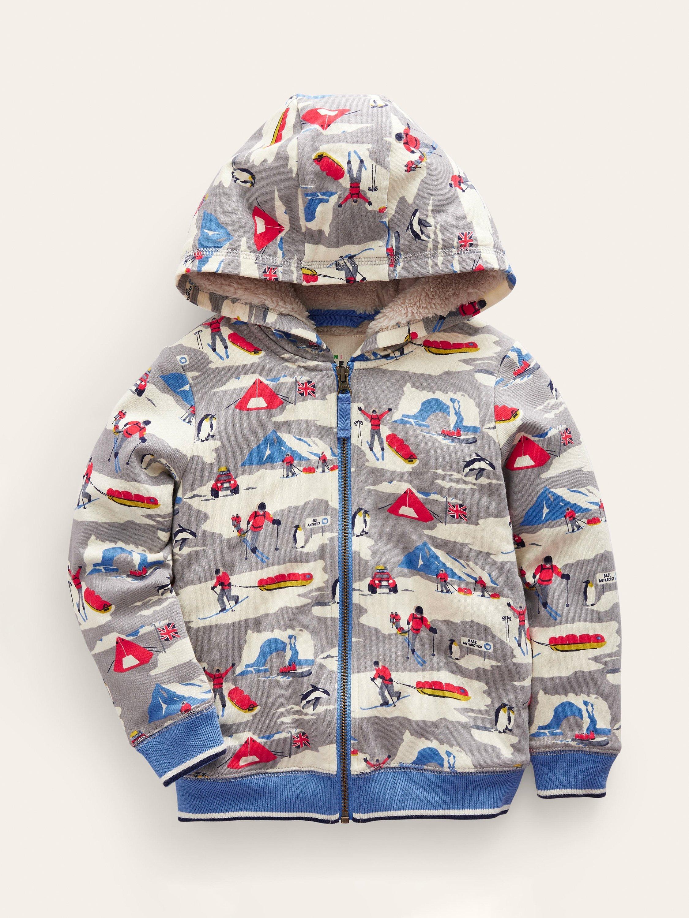 Mini Boden Kids' Ski Print Shaggy Lined Zip Through Hoodie, Grey Arctic Explorer