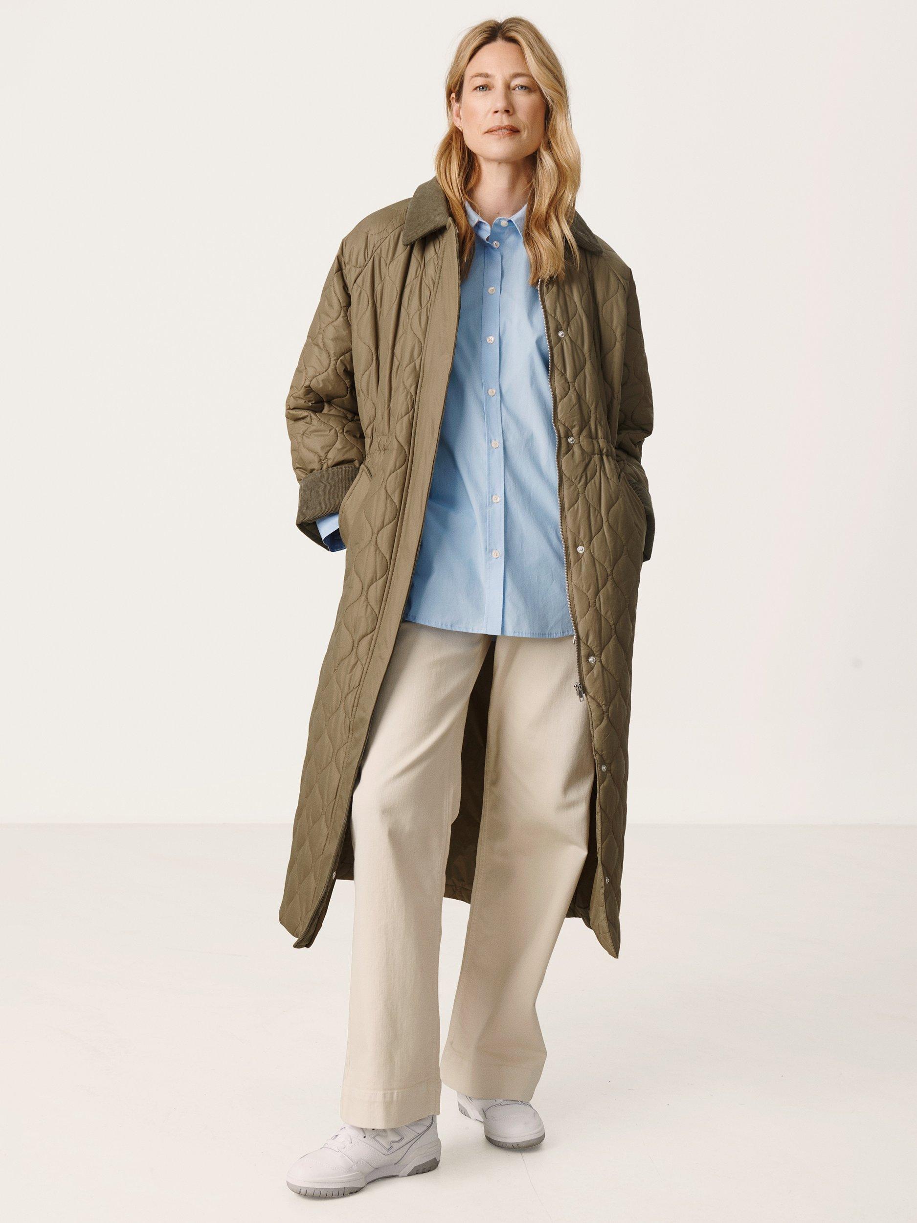 Product image 1 of 5, which shows Part Two Elisa Longline Quilted Coat, Dusky Green, 12