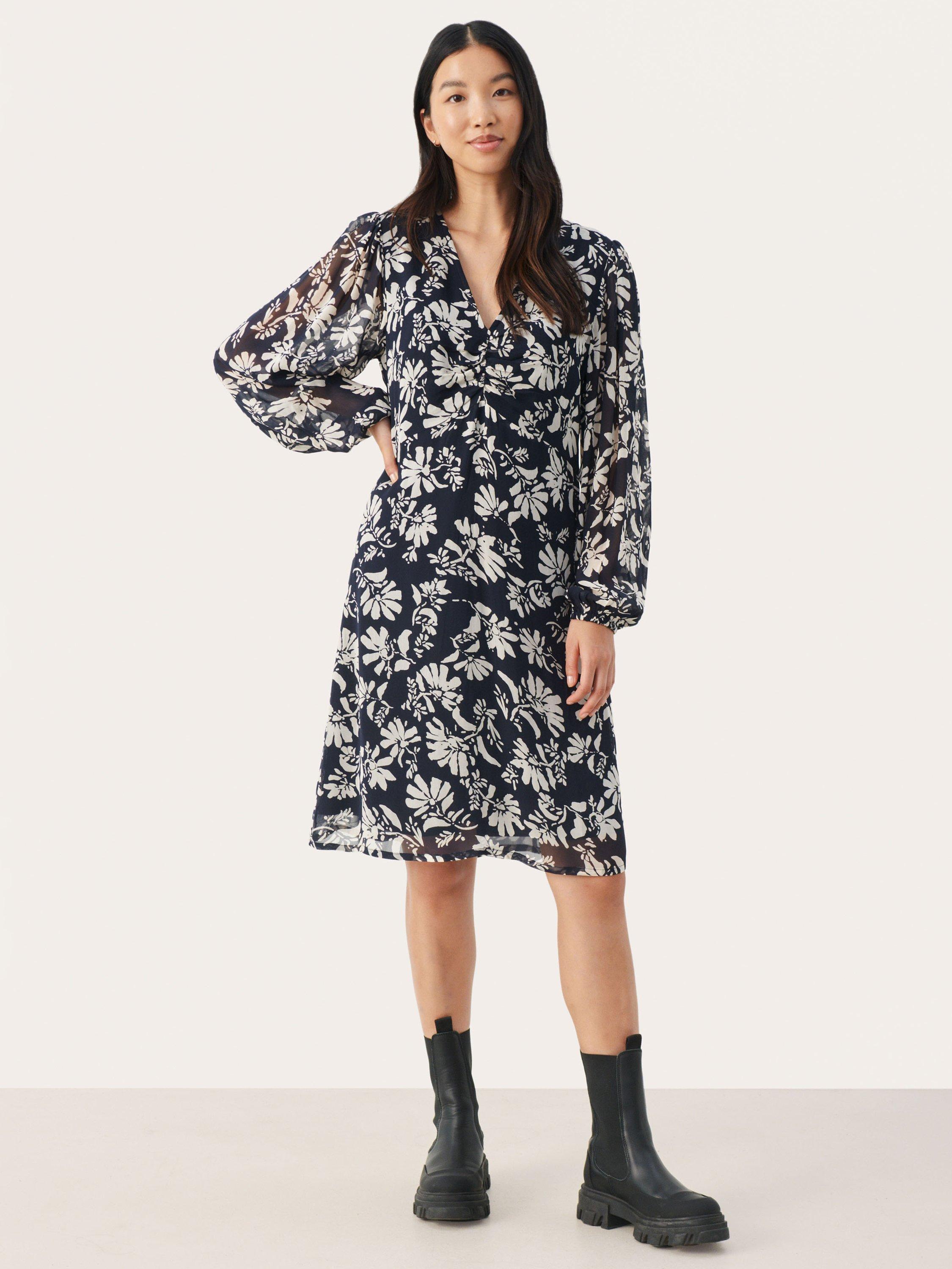Product image 1 of 6, which shows Part Two Fionia Floral Chiffon Dress, Dark Navy, 10