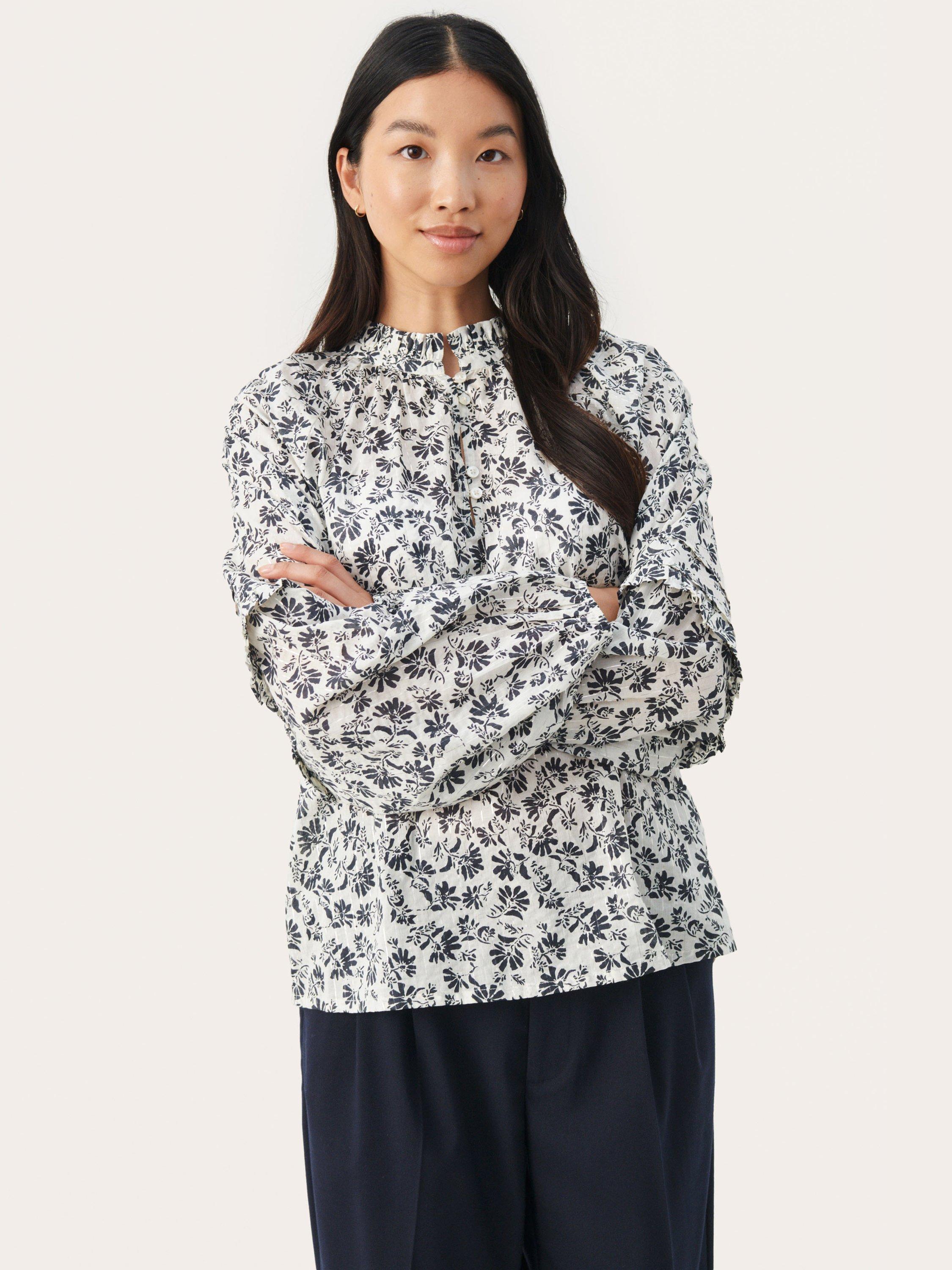 Product image 1 of 6, which shows Part Two Florra Organic Cotton Blend Floral Blouse, Dark Navy, 12