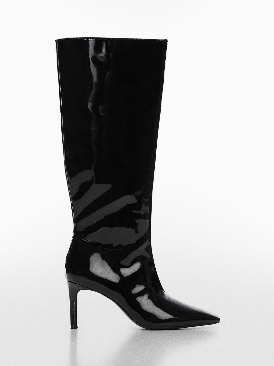 Mango Aqua Patent Leather Knee Length Boots, Black