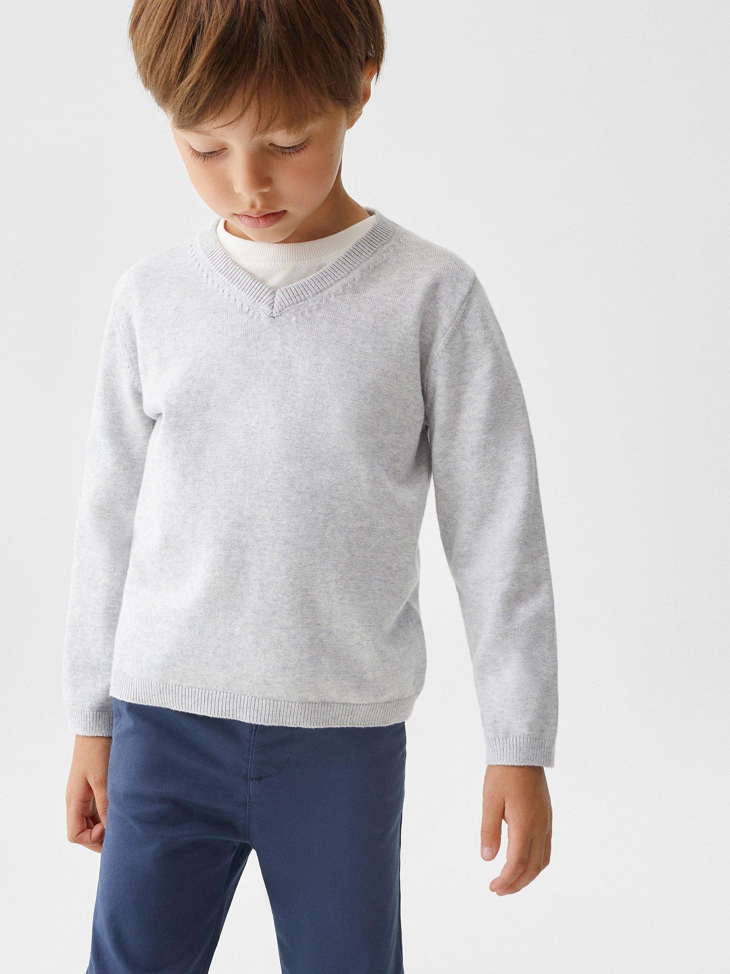 Mango Kids' Picob Fine Knit V-Neck Jumper, Grey