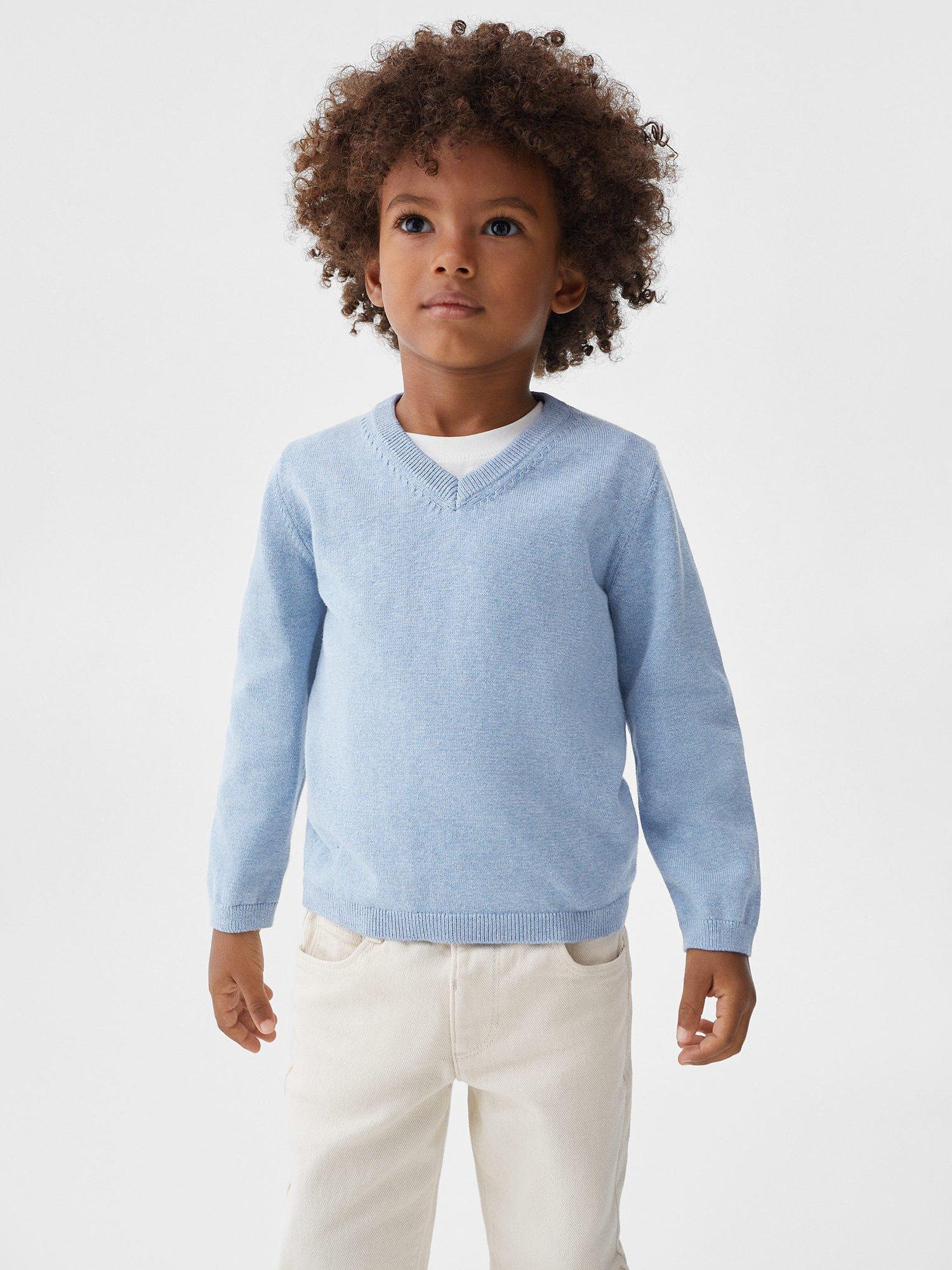 Mango Kids' Picob Fine Knit V-Neck Jumper, Pastel Blue