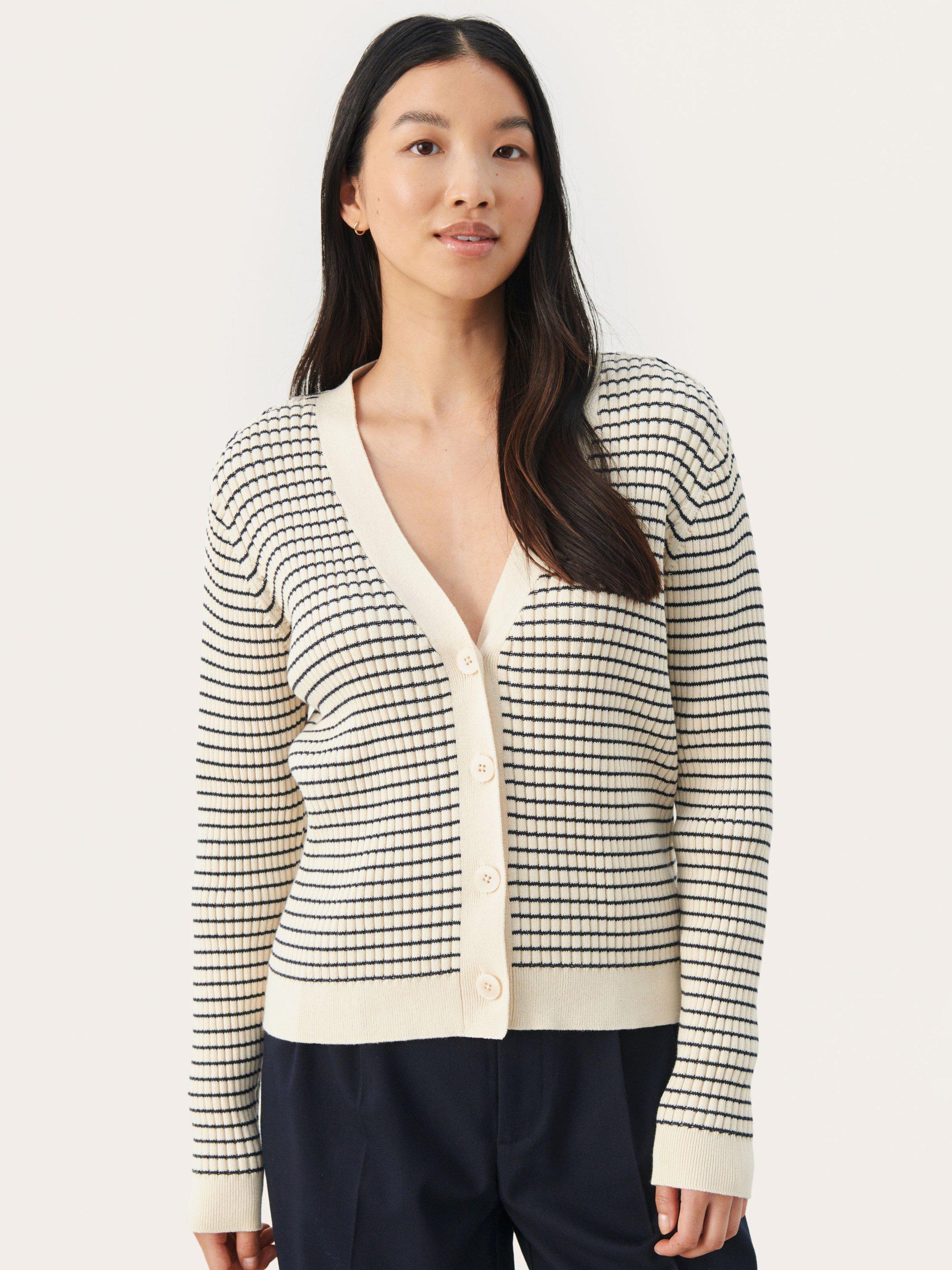 Part Two Flicka Stripe Organic Cotton Blend Cardigan, Whitecap Grey