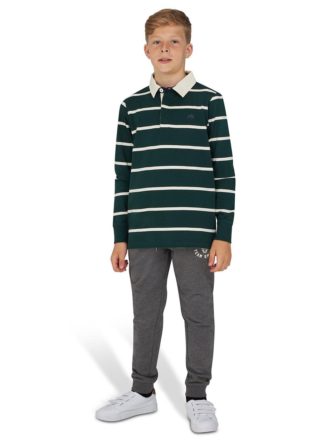 Raging Bull Kids' Logo Thin Stripe Long Sleeve Rugby Shirt, Forest