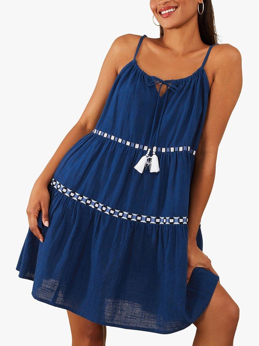 Accessorize Geo Tiered Beach Dress, Blue