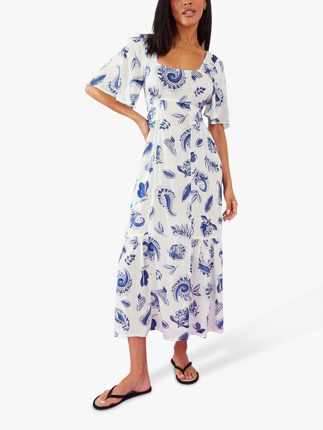 Accessorize Paisley Tie Waist Midi Dress, White/Blue