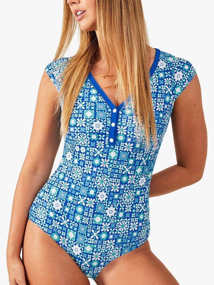 Accessorize Retro Tiled Swimsuit, Blue/Multi