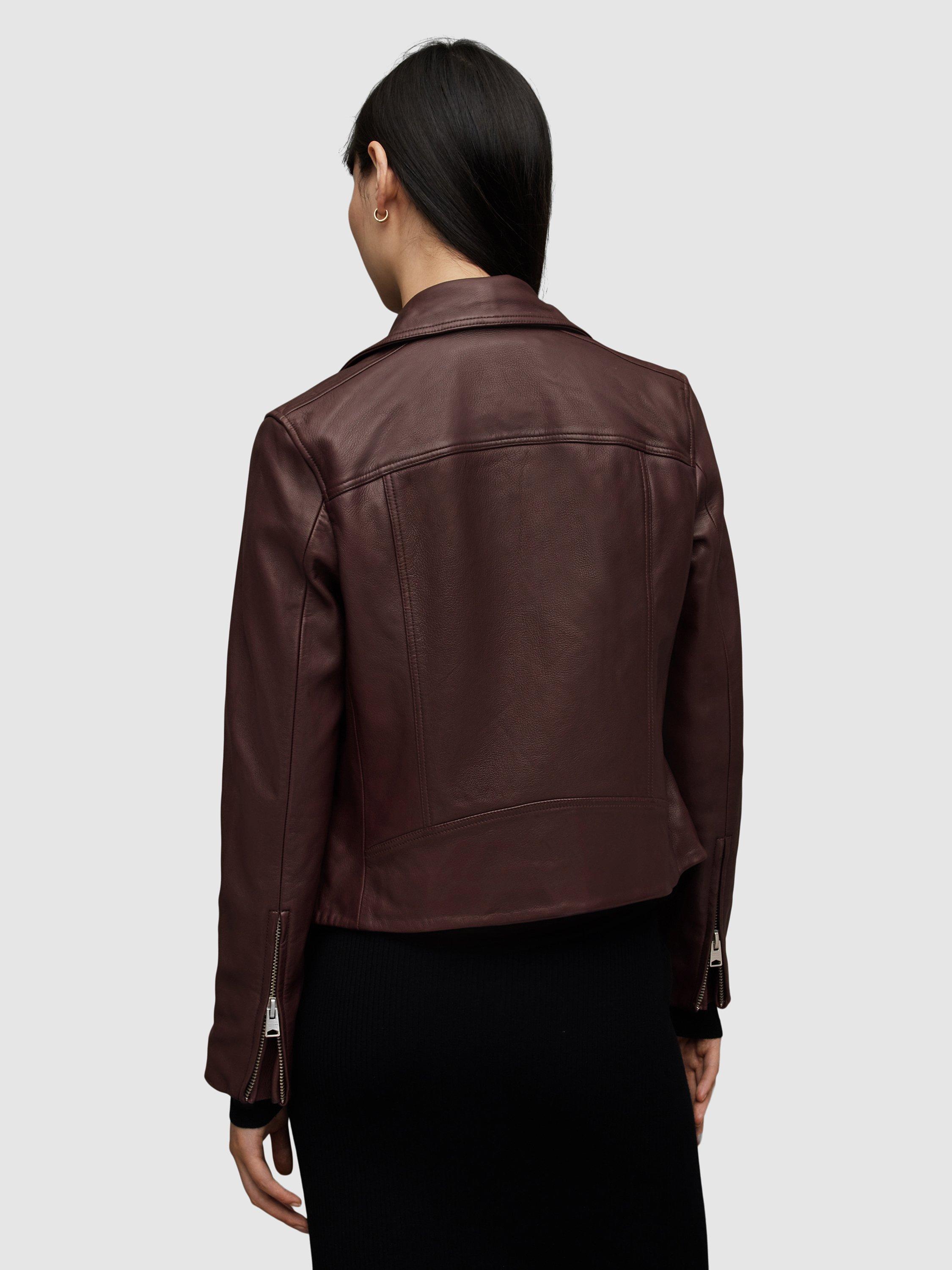 Product image 2 of 7, which shows AllSaints Dalby Leather Biker Jacket, Dark Raspberry Pink, 2