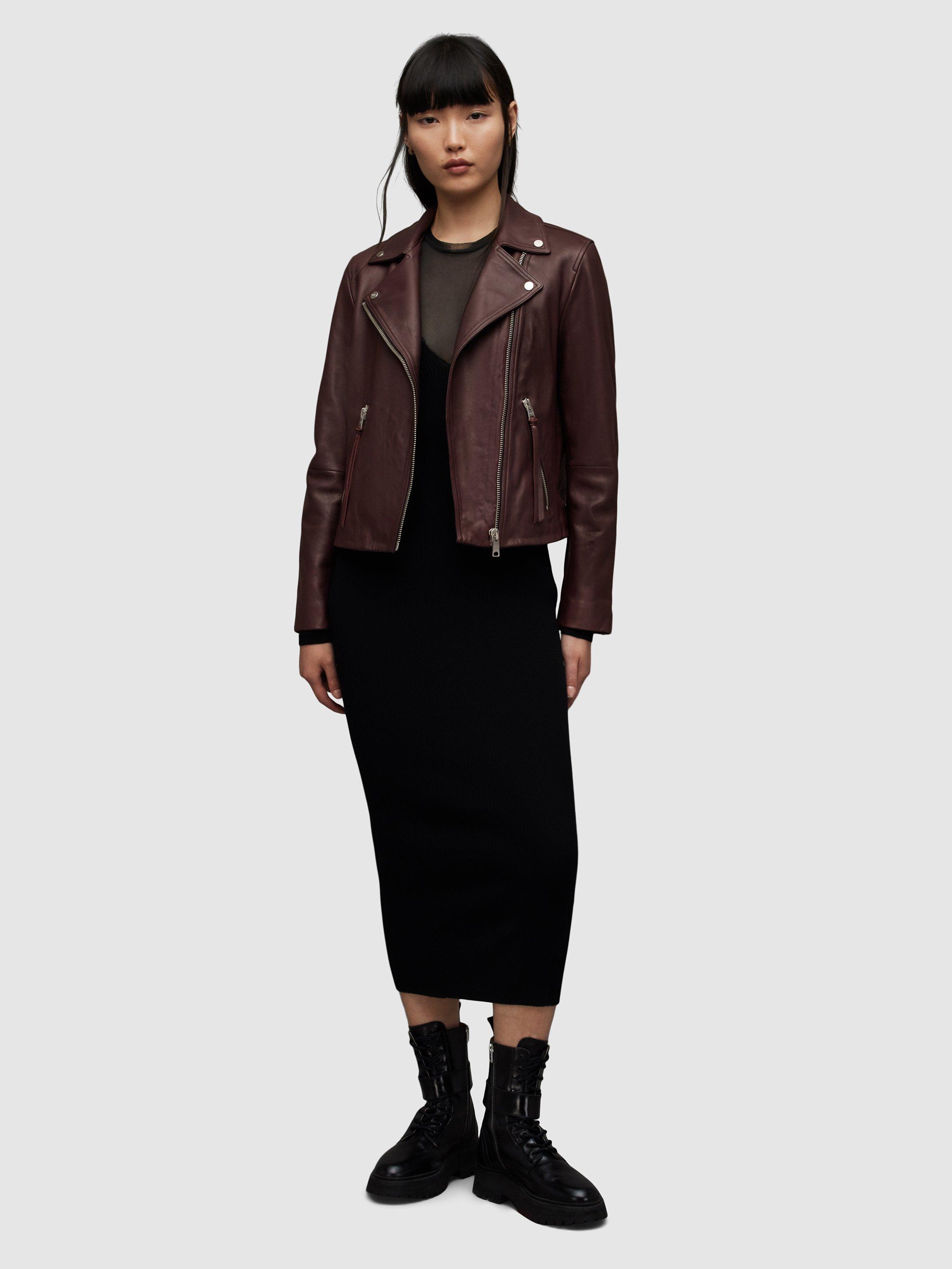 Product image 3 of 7, which shows AllSaints Dalby Leather Biker Jacket, Dark Raspberry Pink, 2