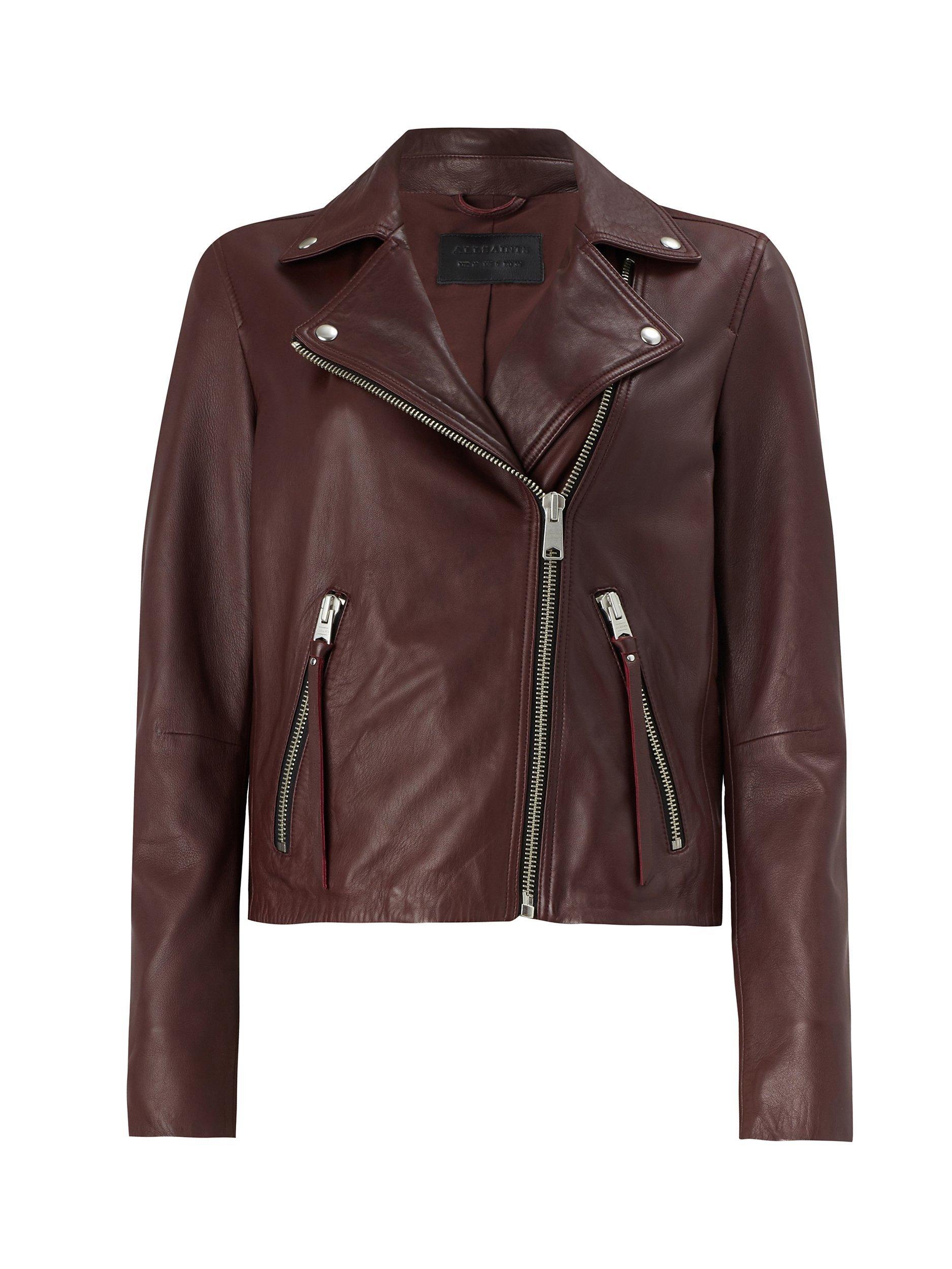 Product image 4 of 7, which shows AllSaints Dalby Leather Biker Jacket, Dark Raspberry Pink, 2