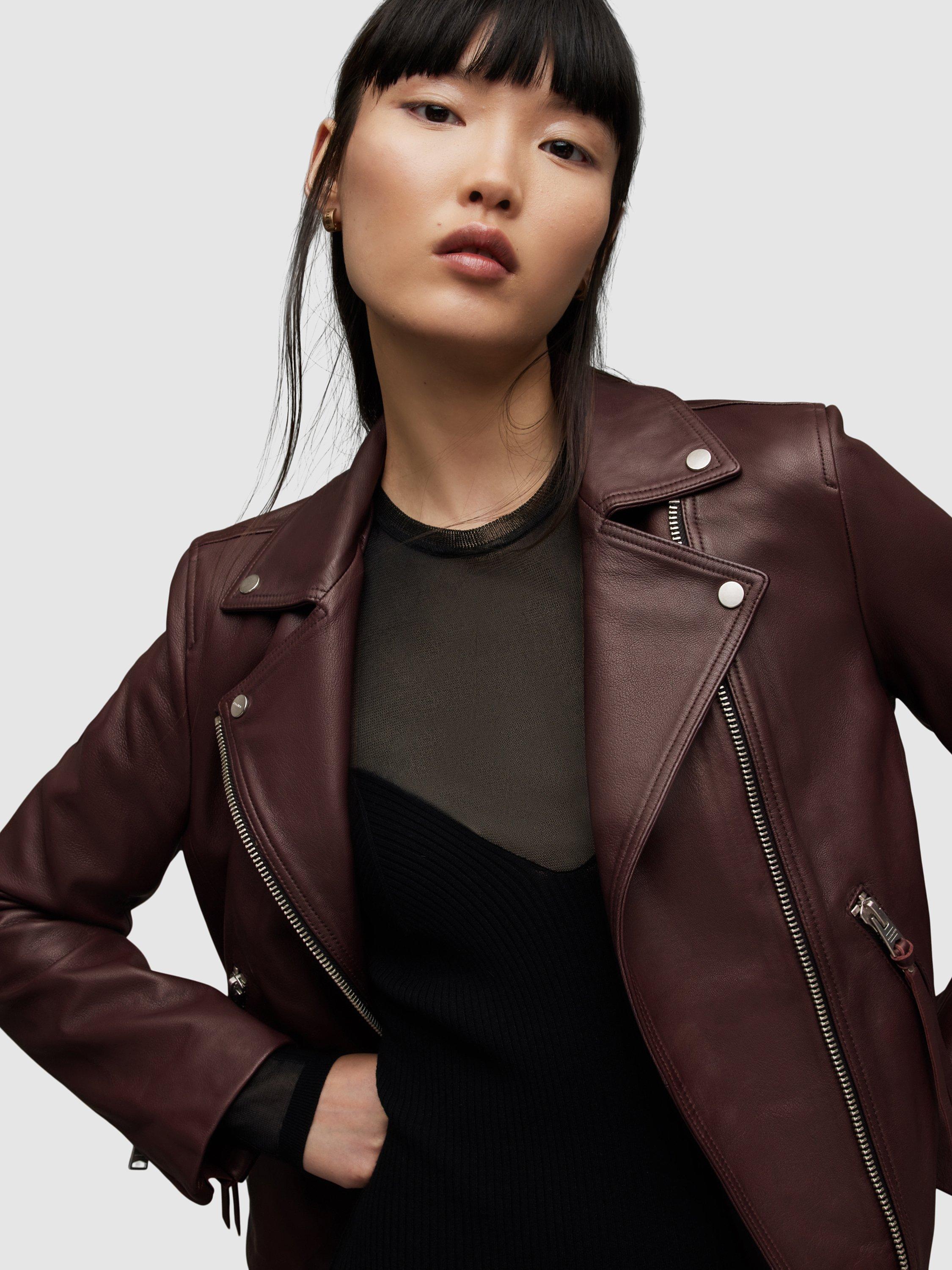 Product image 5 of 7, which shows AllSaints Dalby Leather Biker Jacket, Dark Raspberry Pink, 2