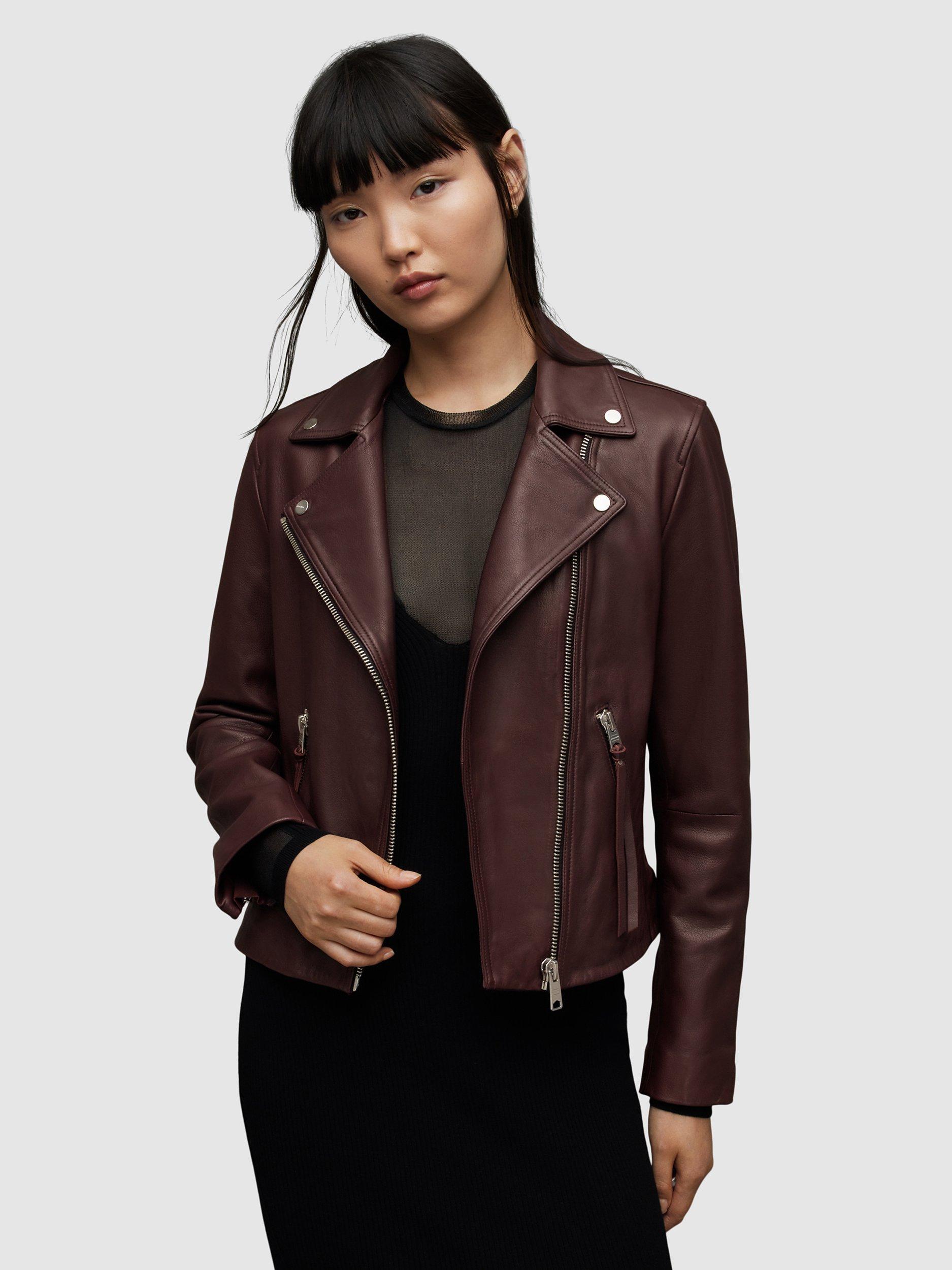 Product image 6 of 7, which shows AllSaints Dalby Leather Biker Jacket, Dark Raspberry Pink, 2