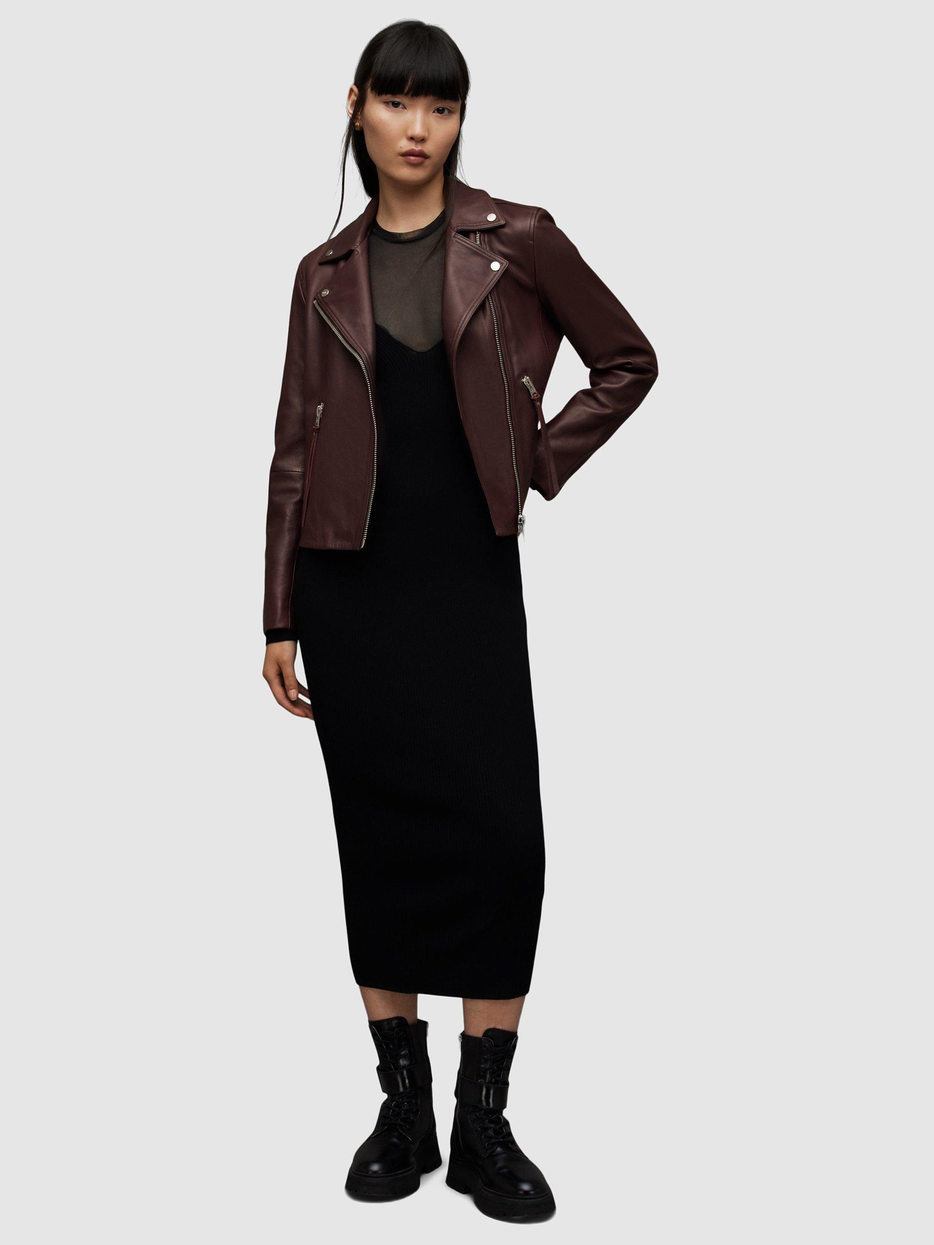 Product image 7 of 7, which shows AllSaints Dalby Leather Biker Jacket, Dark Raspberry Pink, 2