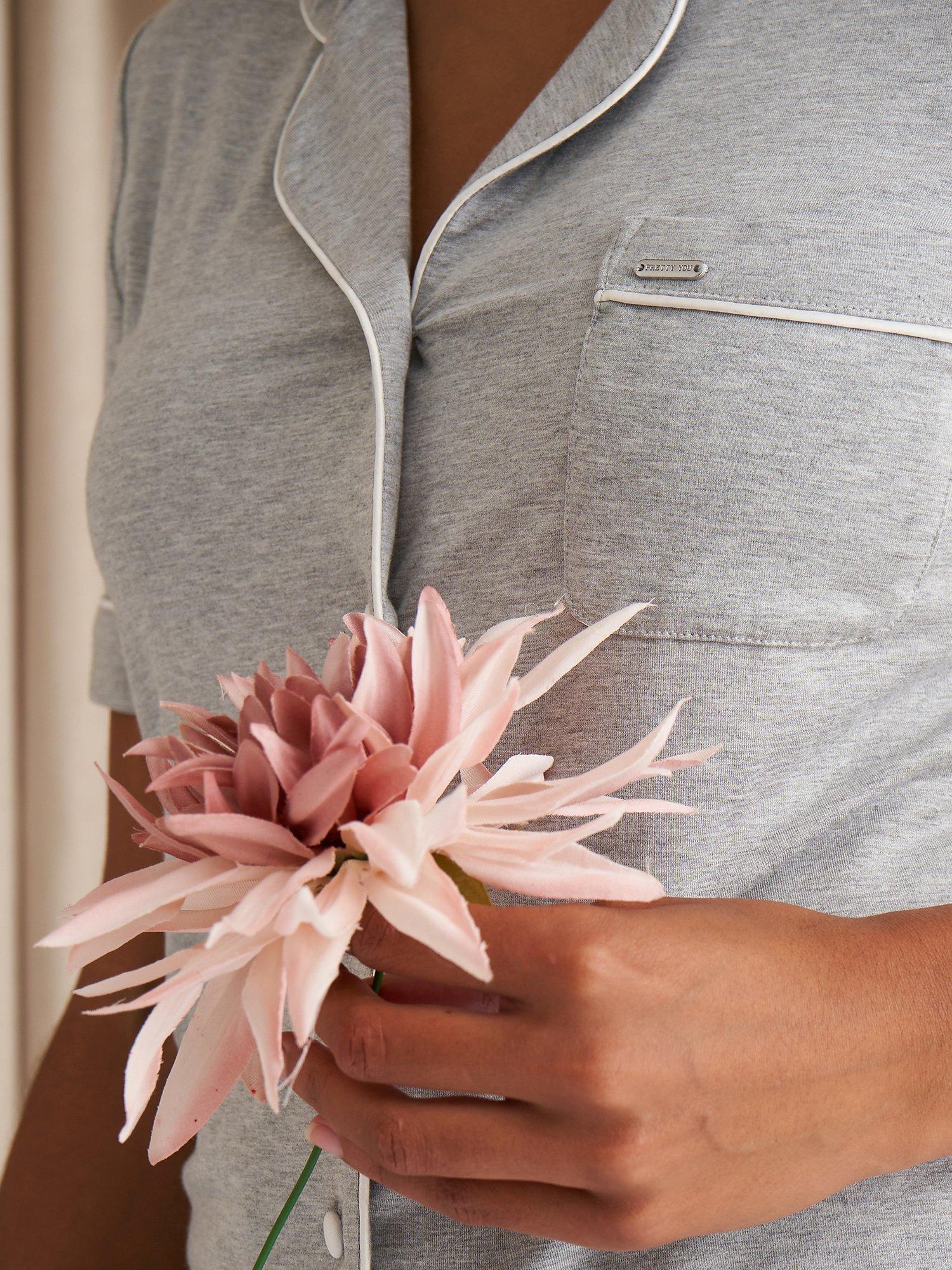 Product image 2 of 4, which shows Pretty You London Piping Bamboo Shortie Pyjama Set, Grey, 8