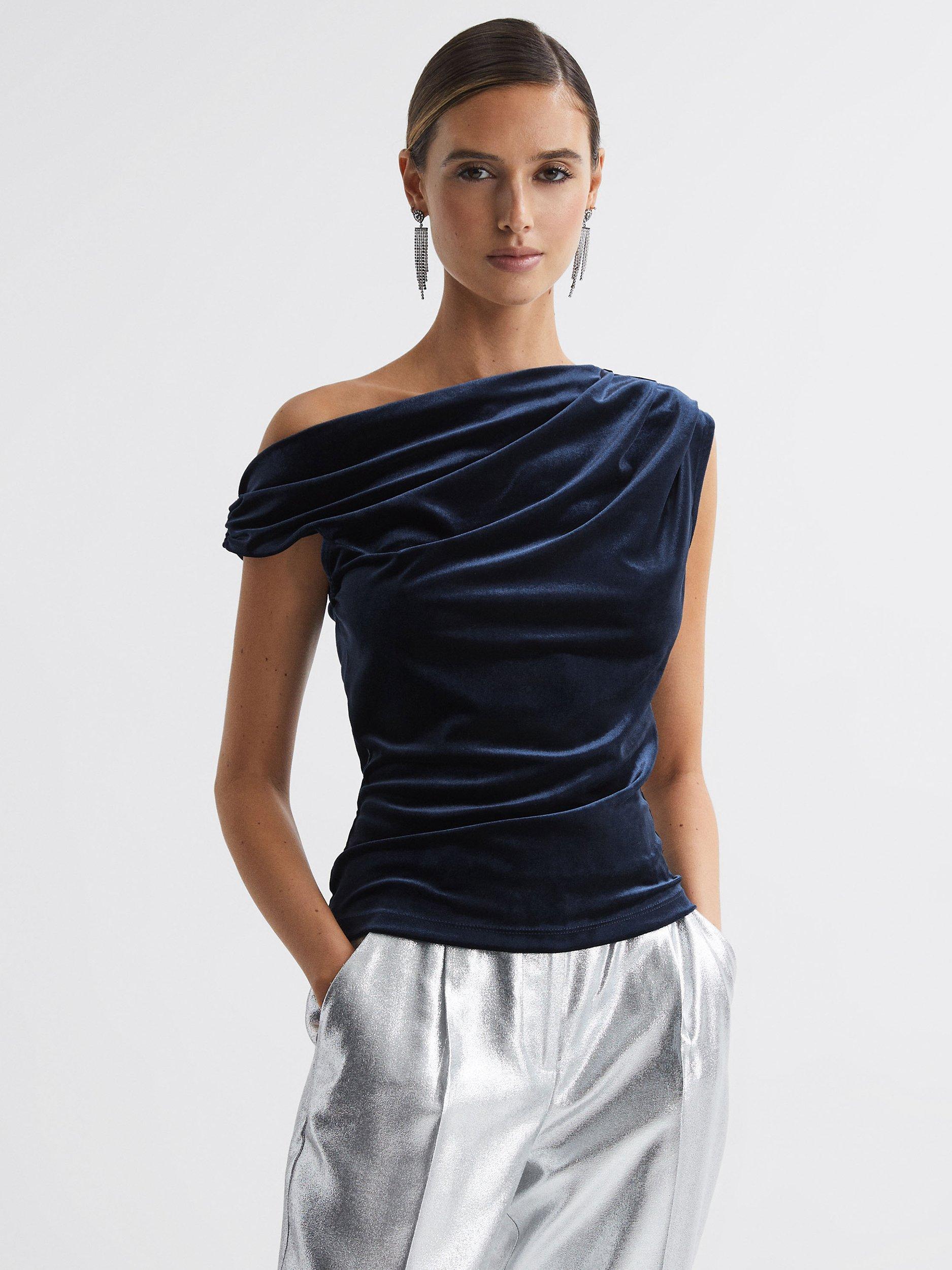 Reiss Mia Velvet Ruched Top, Navy