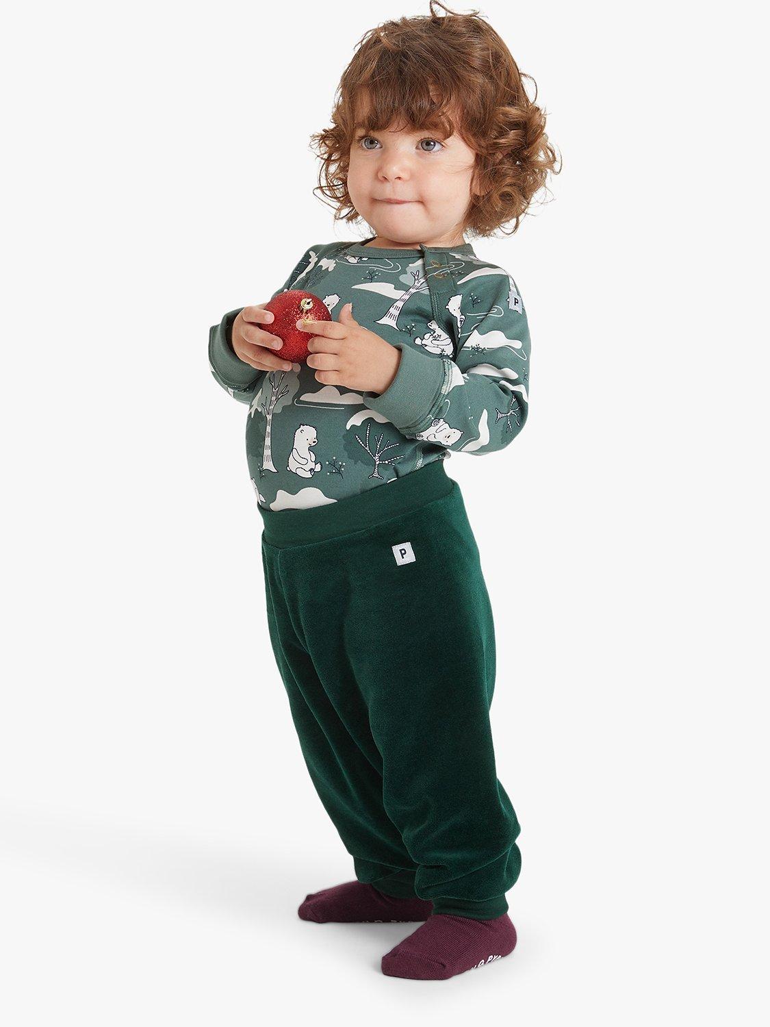 Polarn O. Pyret Baby Organic Cotton Blend Velour Trousers, Green
