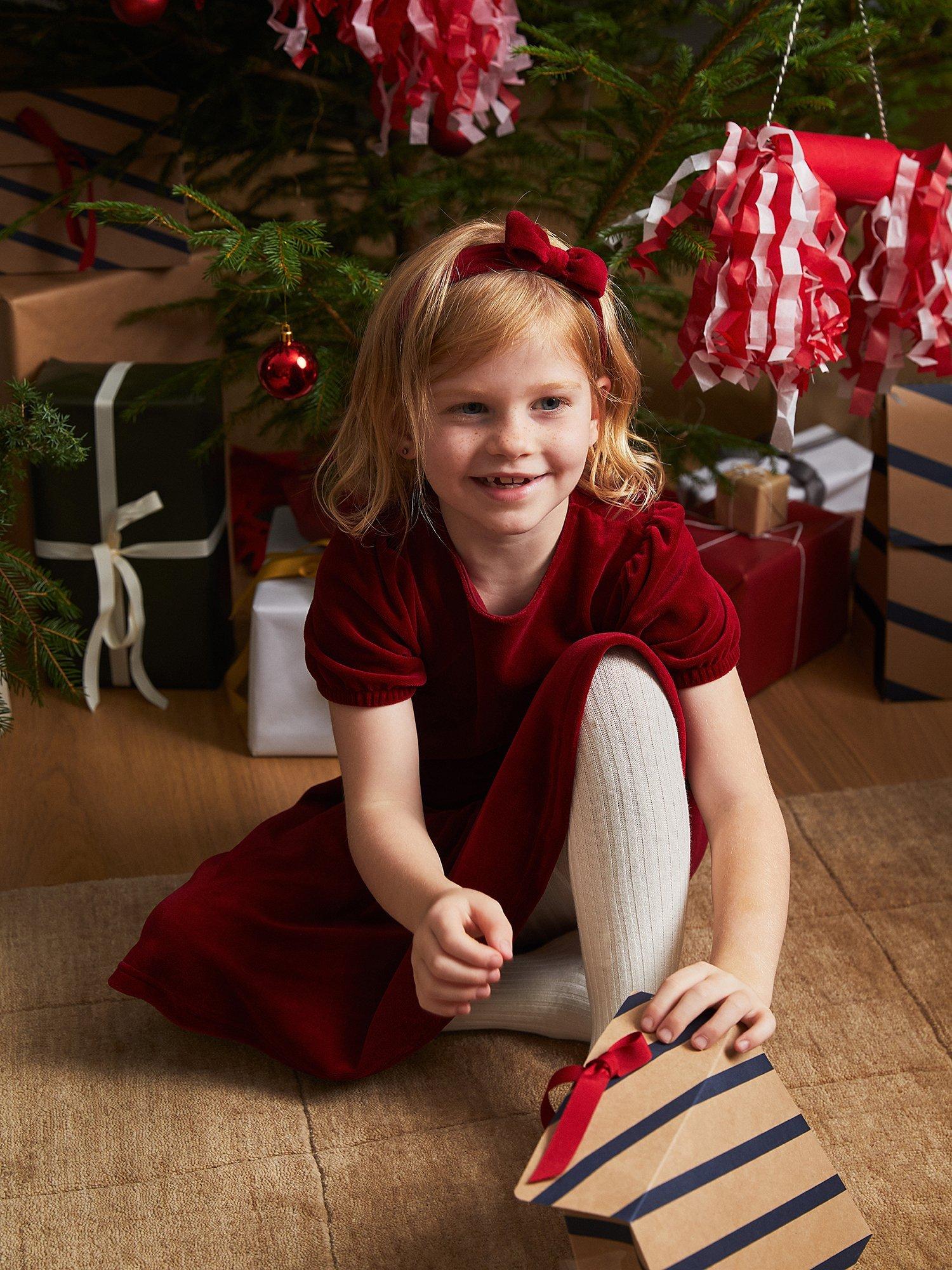 Polarn O. Pyret Kids' Cotton Blend Velour Puff Sleeve Dress, Red