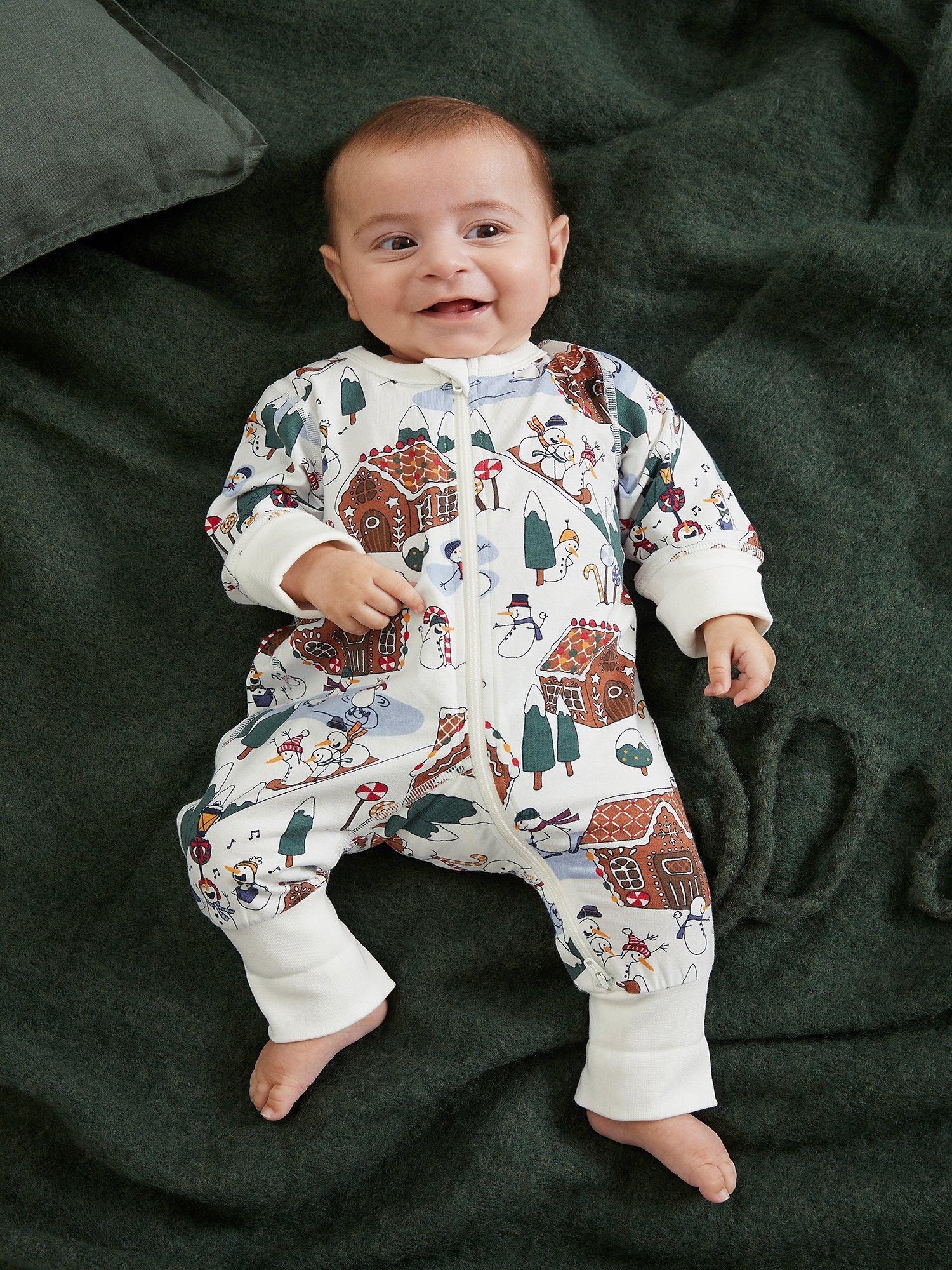 Polarn O. Pyret Baby Organic Cotton Blend Festive Gingerbread House Print Sleepsuit, White/Multi