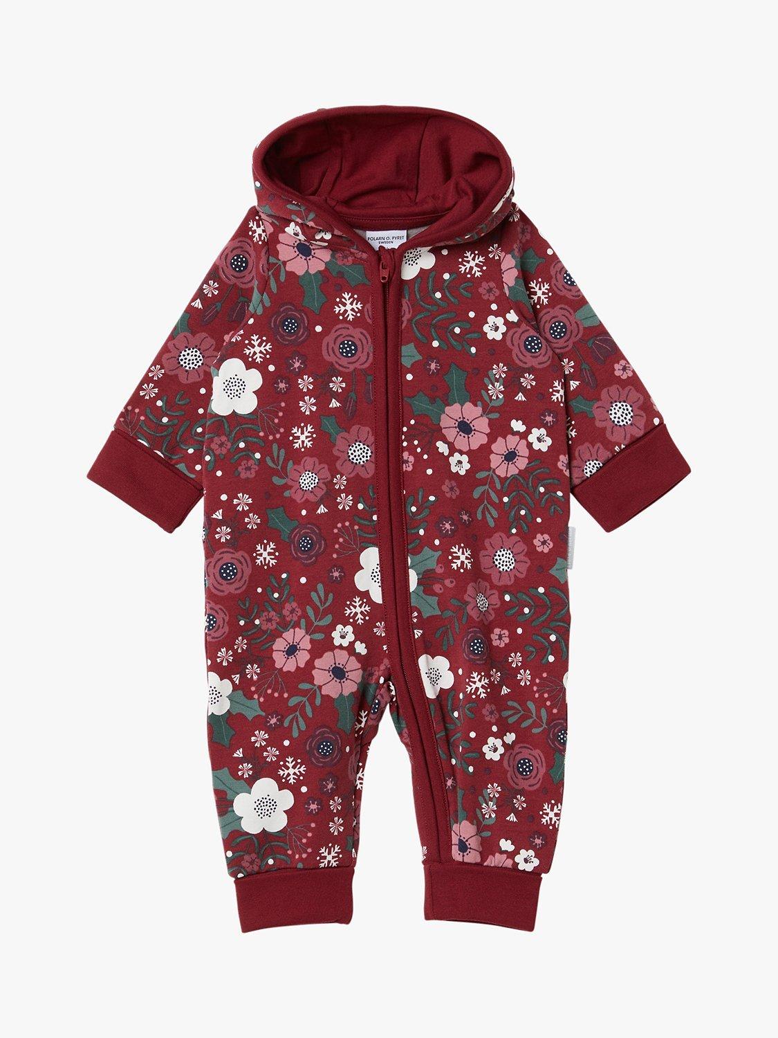 Polarn O. Pyret Baby Organic Cotton Blend Poppy Floral Print Hooded Romper, Red/Multi
