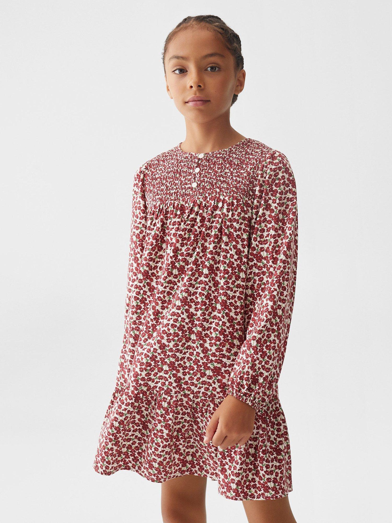 Mango Kids' Amanda Floral Print Dress, Dark Red