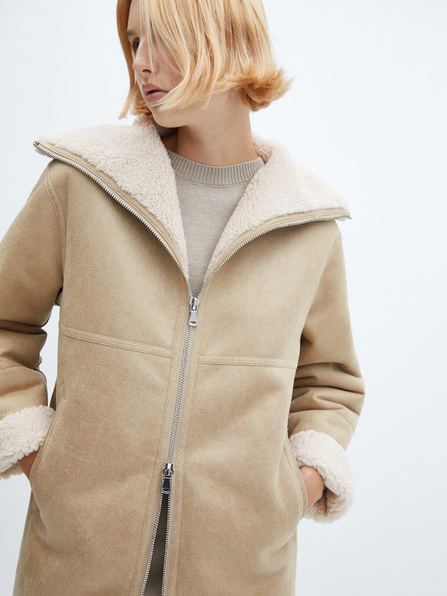 Mango Rulo Faux Shearling Lined Coat, Natural White
