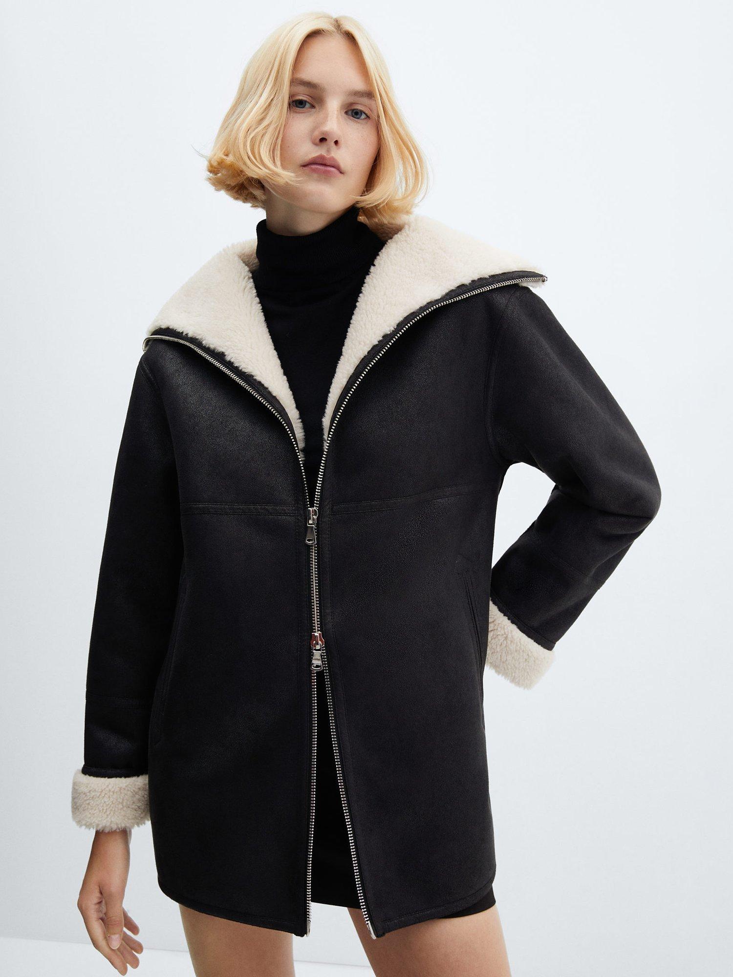 Mango Rulo Faux Shearling Lined Coat, Black