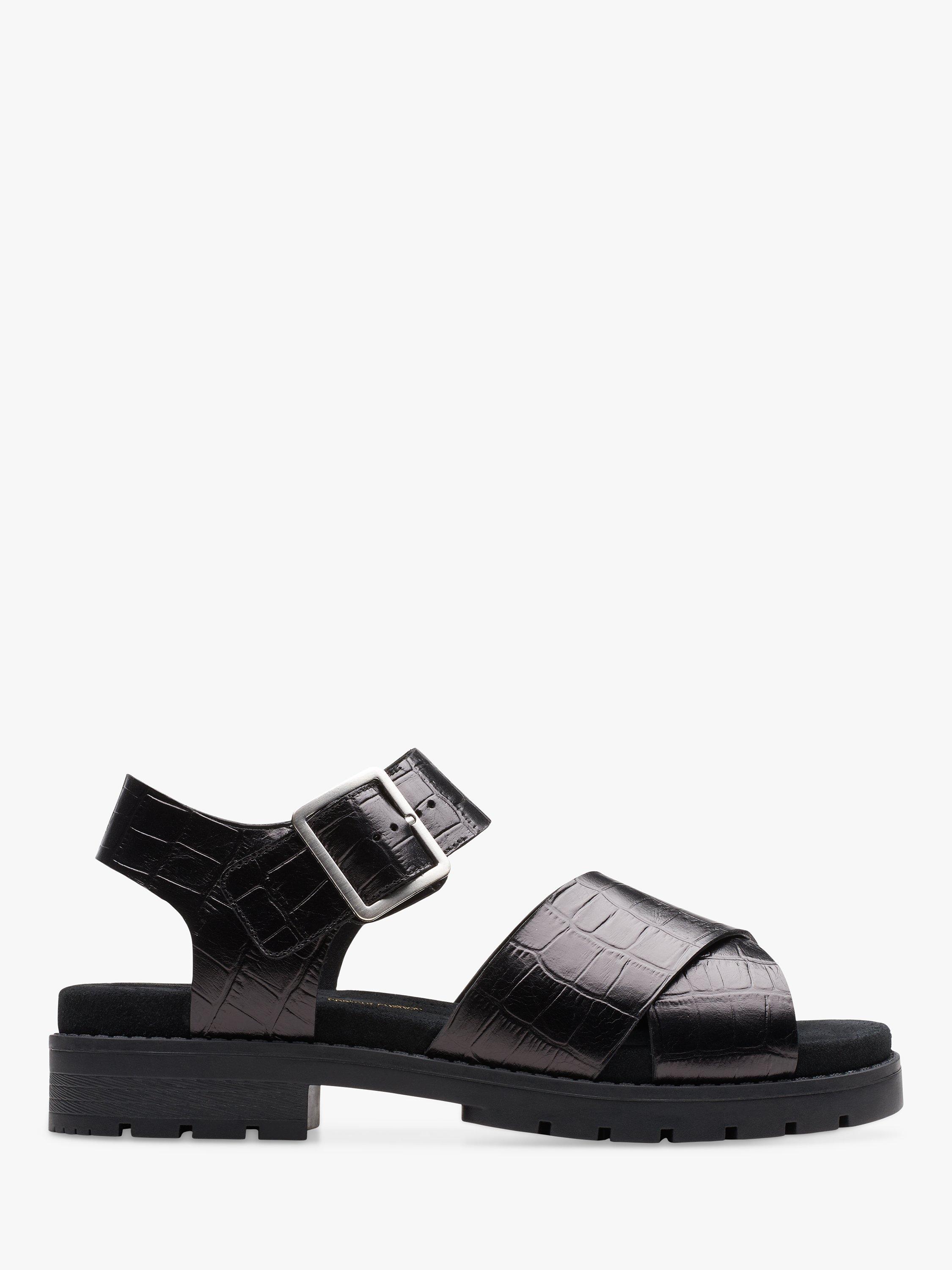 Clarks Orinocco Textured Leather Cross Strap Sandals Black