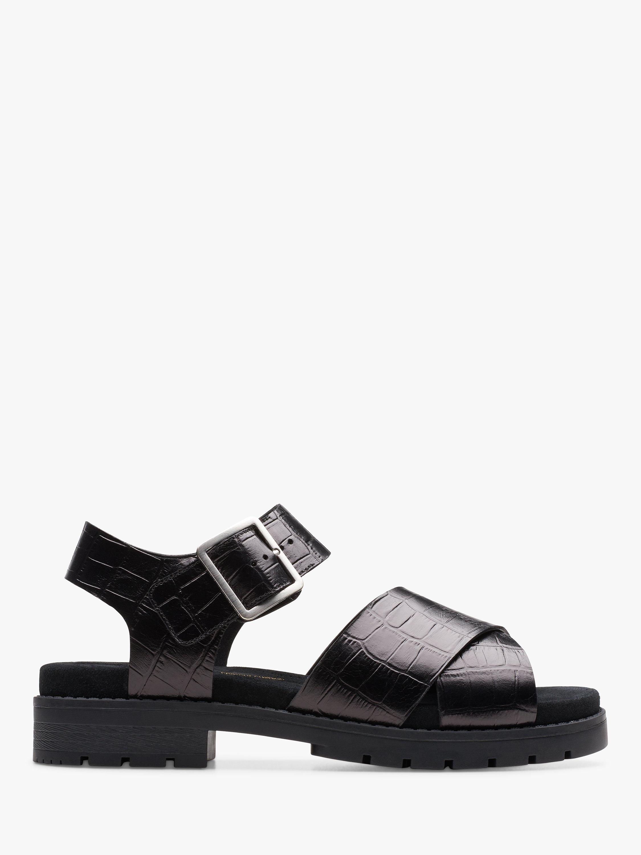 Clarks Orinocco Wide Fit Textured Leather Cross Strap Sandals Black