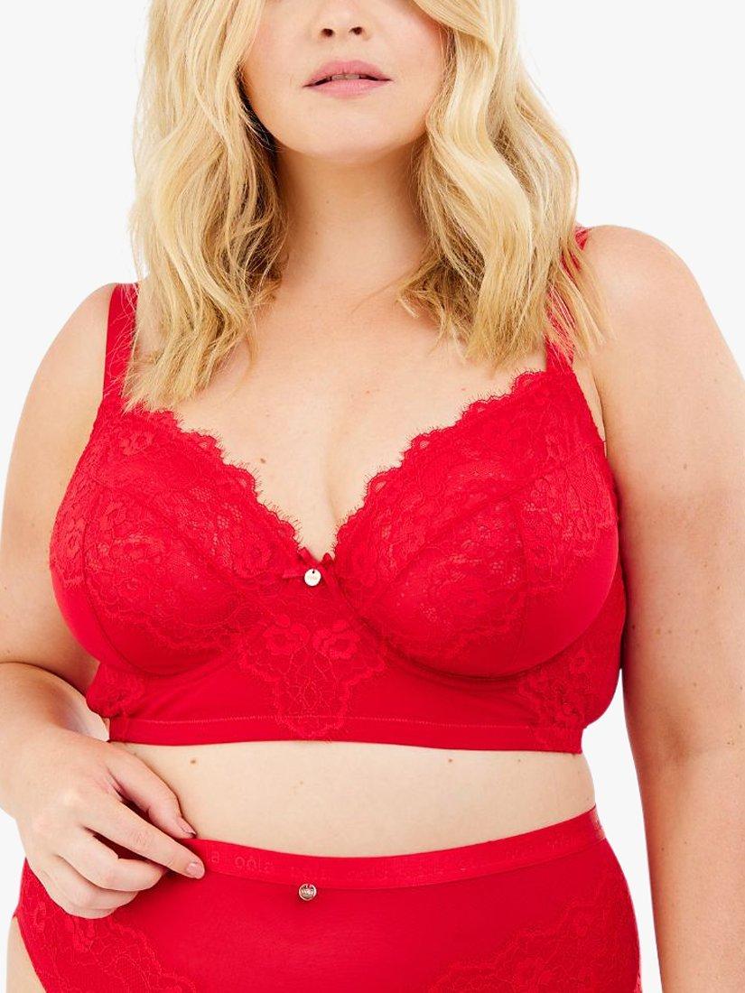 Product image 2 of 6, which shows Oola Lingerie Lace and Logo Longline Underwired Bra, Red, 38D
