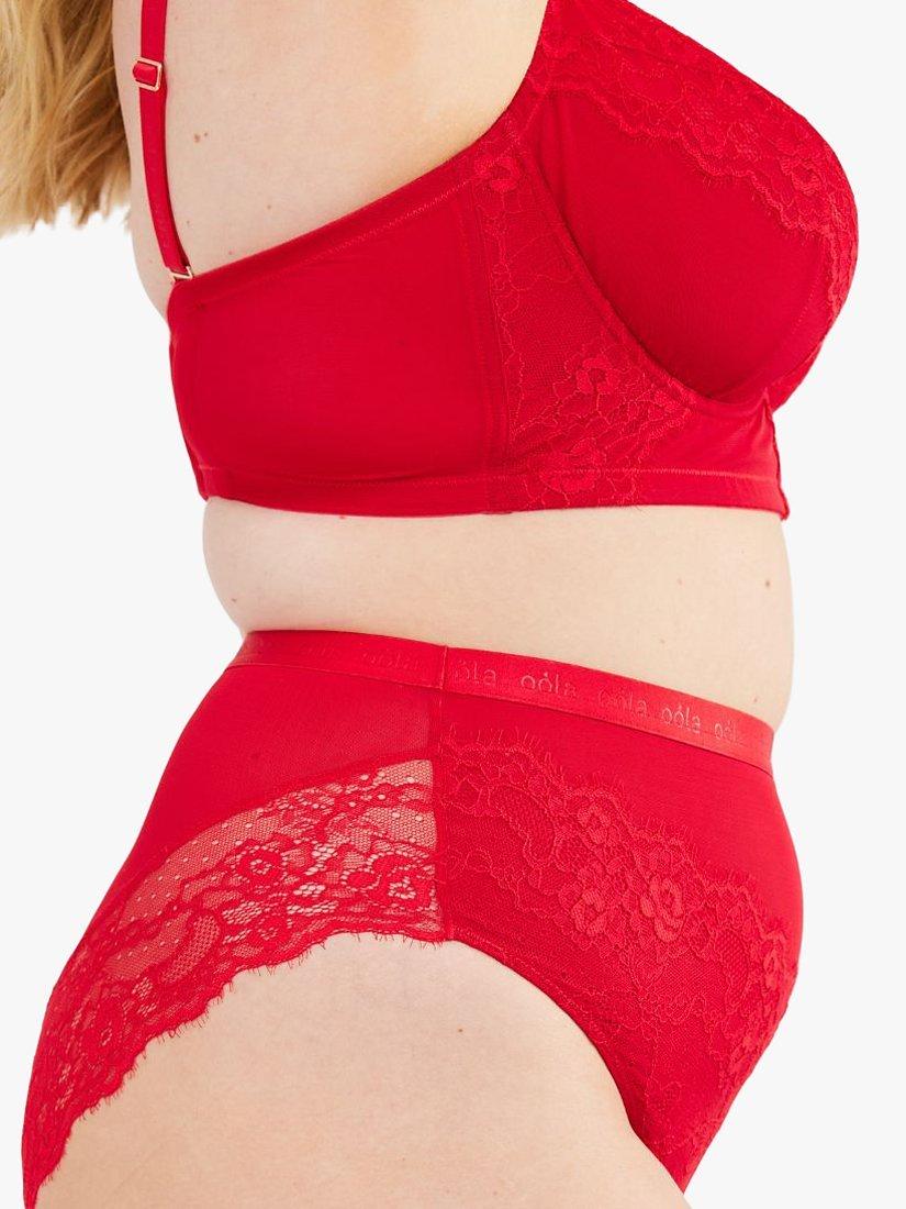 Product image 3 of 6, which shows Oola Lingerie Lace and Logo Longline Underwired Bra, Red, 38D