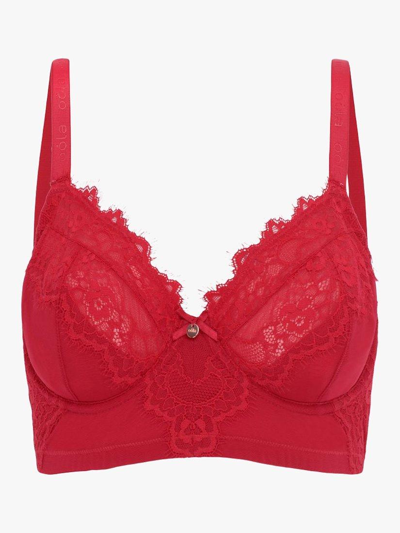 Product image 6 of 6, which shows Oola Lingerie Lace and Logo Longline Underwired Bra, Red, 38D
