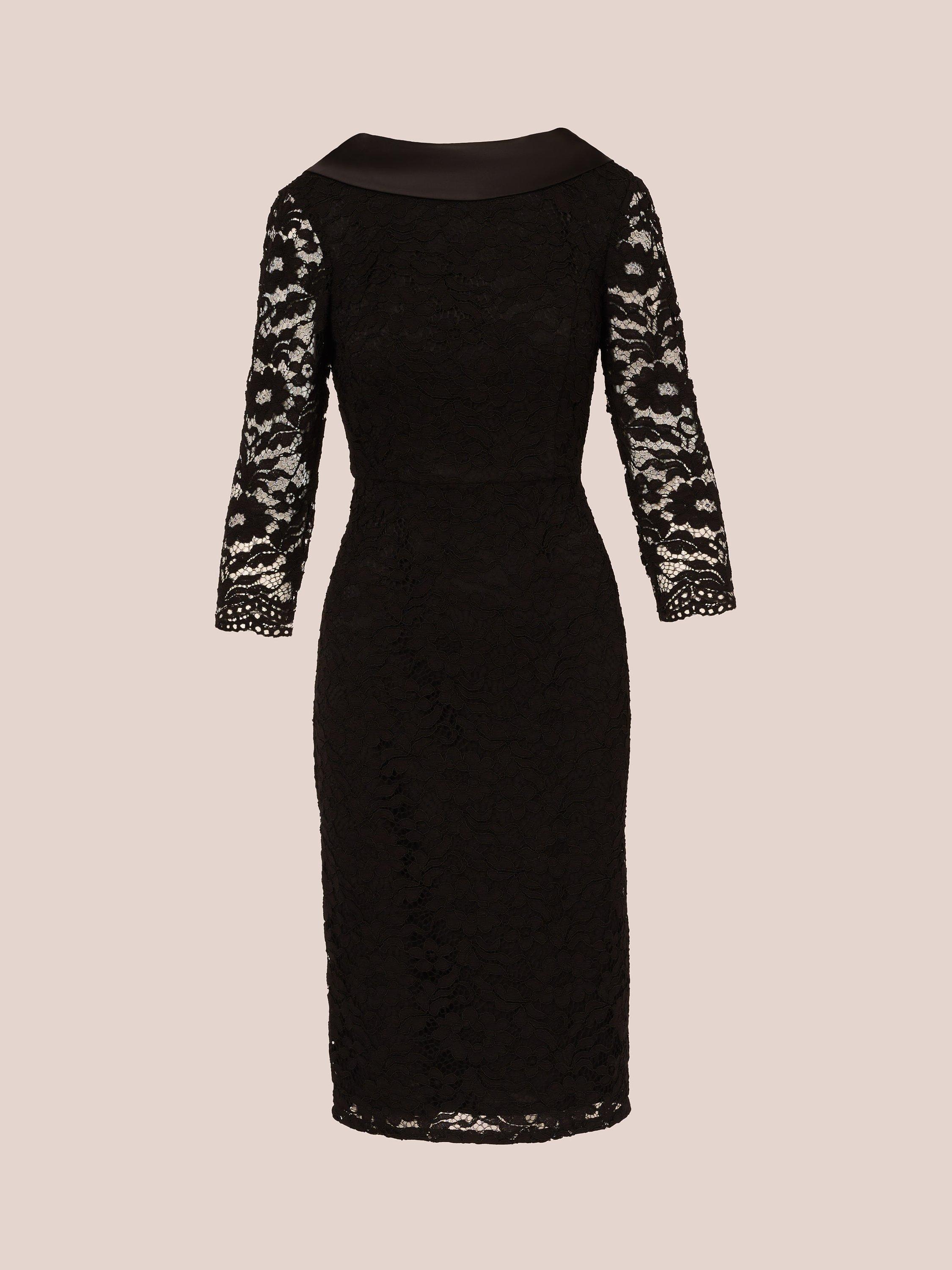 Product image 7 of 8, which shows Adrianna Papell Roll Neck Lace Sleeve Sheath Dress, Black, 6