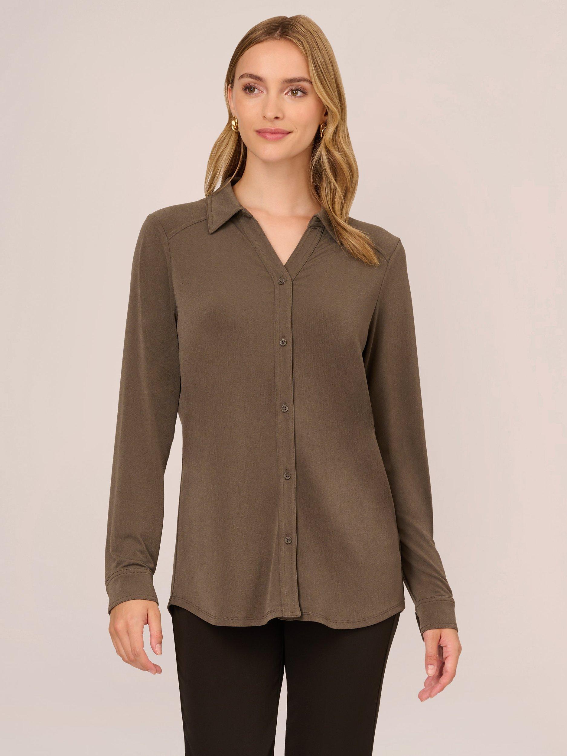 Adrianna Papell Moss Crepe V-Neck Shirt, Fatigue, M