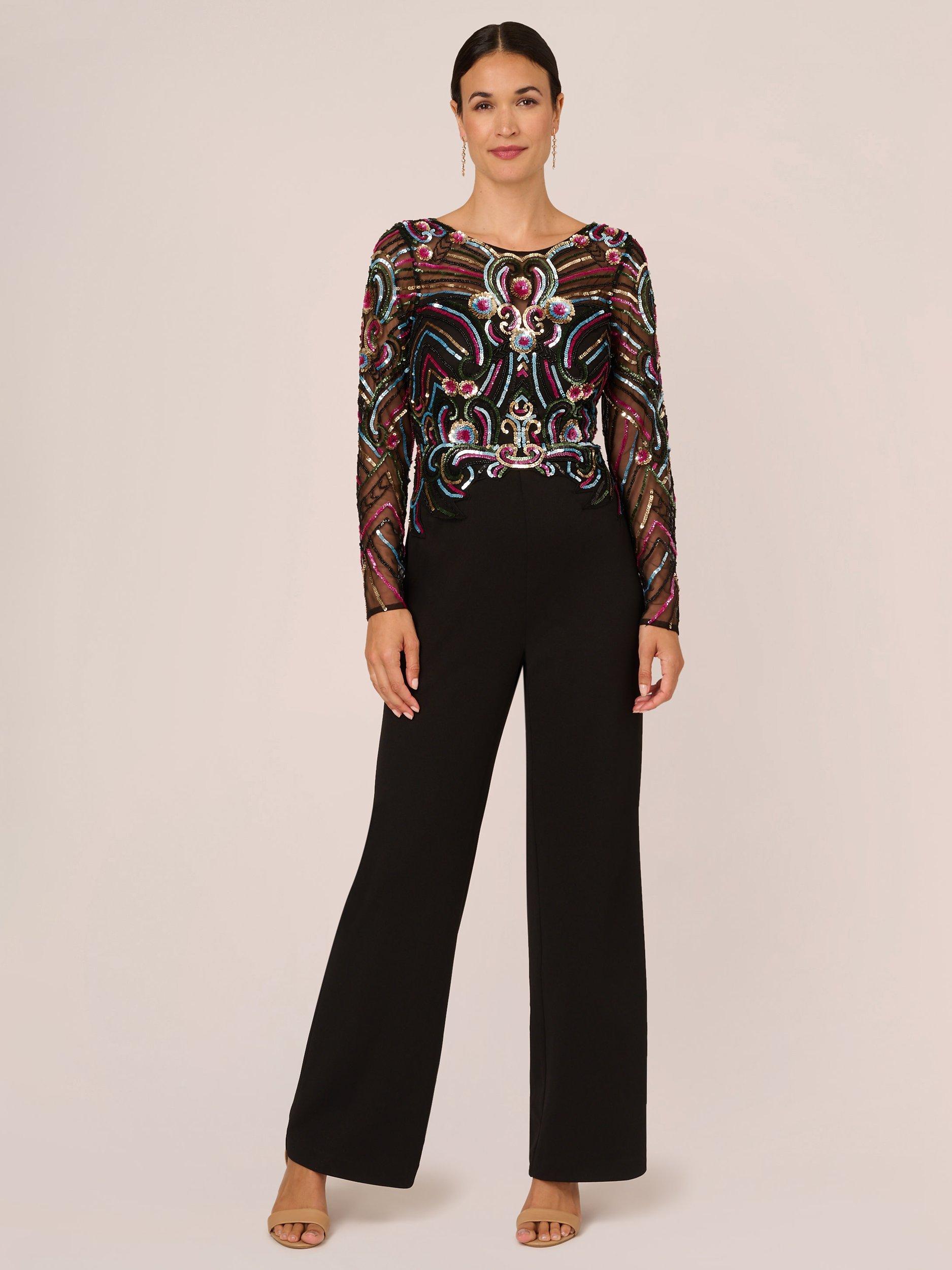 Adrianna Papell Embellished Mesh Crepe Jumpsuit, Black/Multi