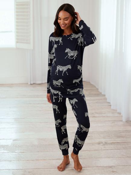 Chelsea Peers Zebra Jersey Maternity Pyjama Set, Navy, Navy