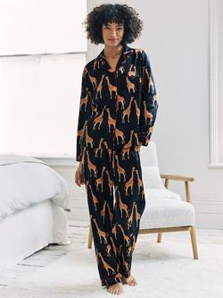 Chelsea Peers Giraffe Satin Long Shirt Pyjama Set, Navy