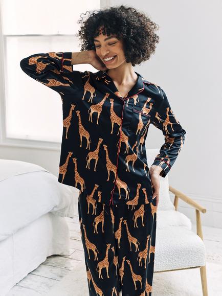 Chelsea Peers Giraffe Satin Long Shirt Pyjama Set, Navy/Multi - view 2, Navy/Multi