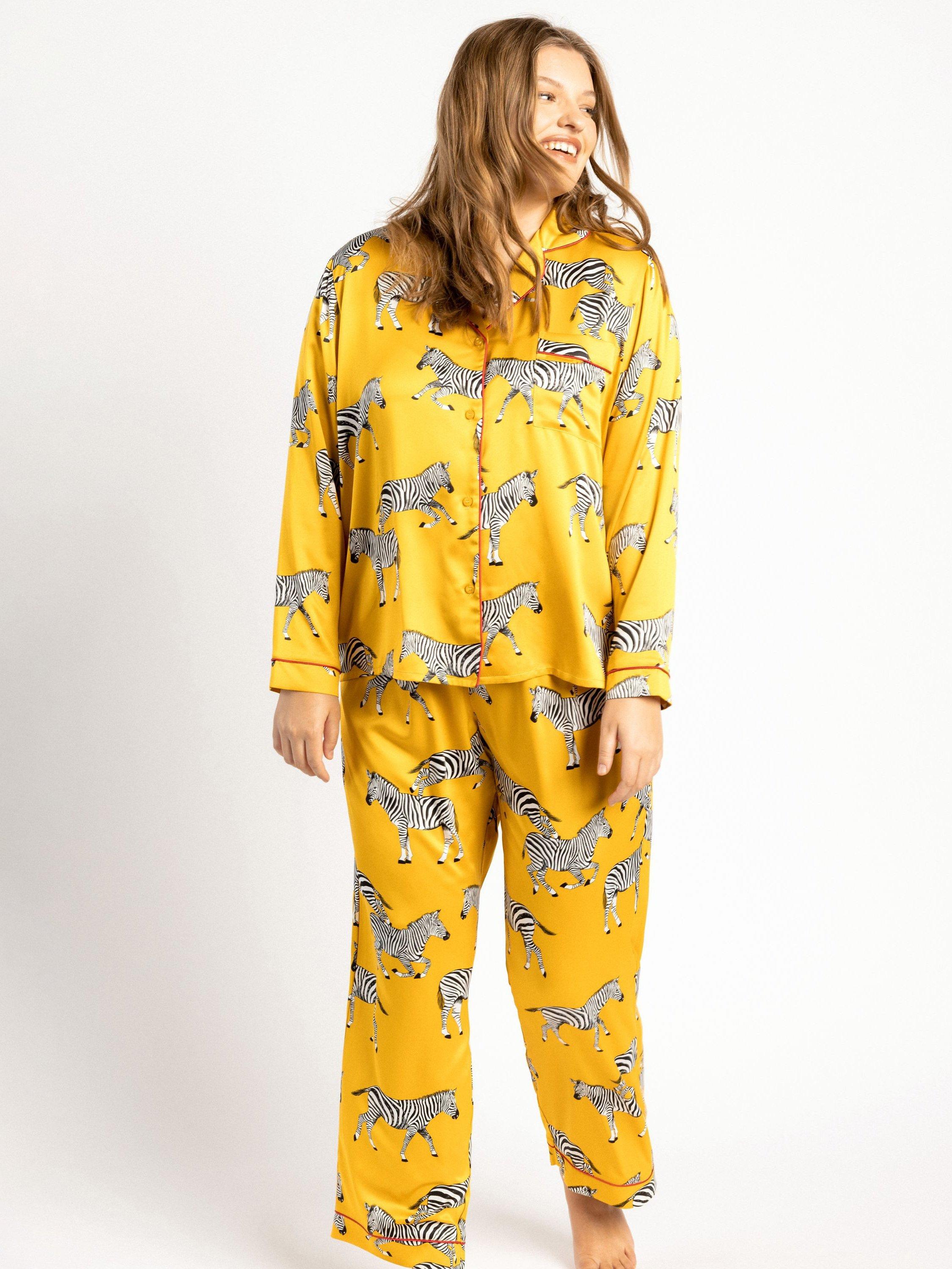 Chelsea Peers Curve Zebra Long Shirt Satin Pyjama Set, Mustard, 18