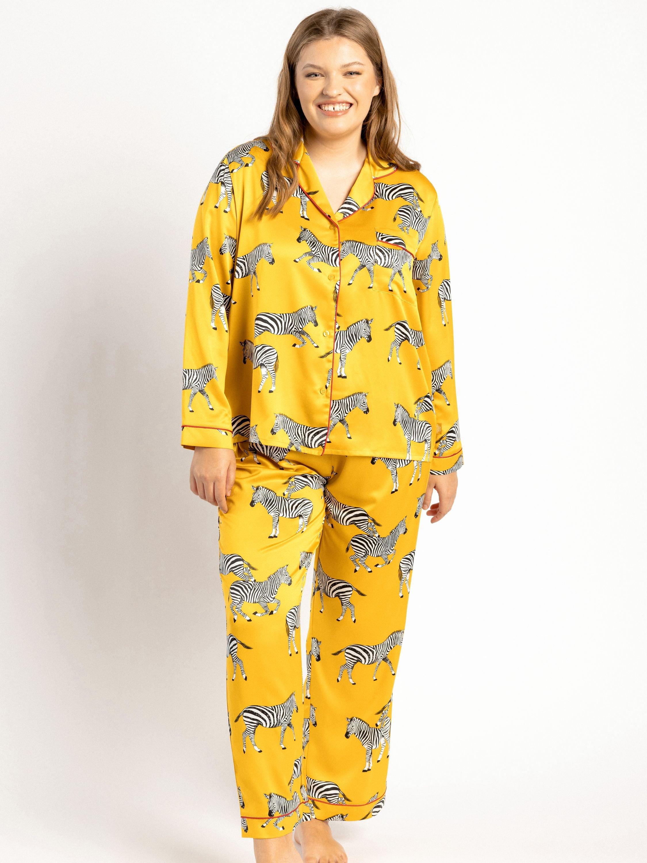 Chelsea Peers Curve Zebra Long Shirt Satin Pyjama Set, Mustard, 18