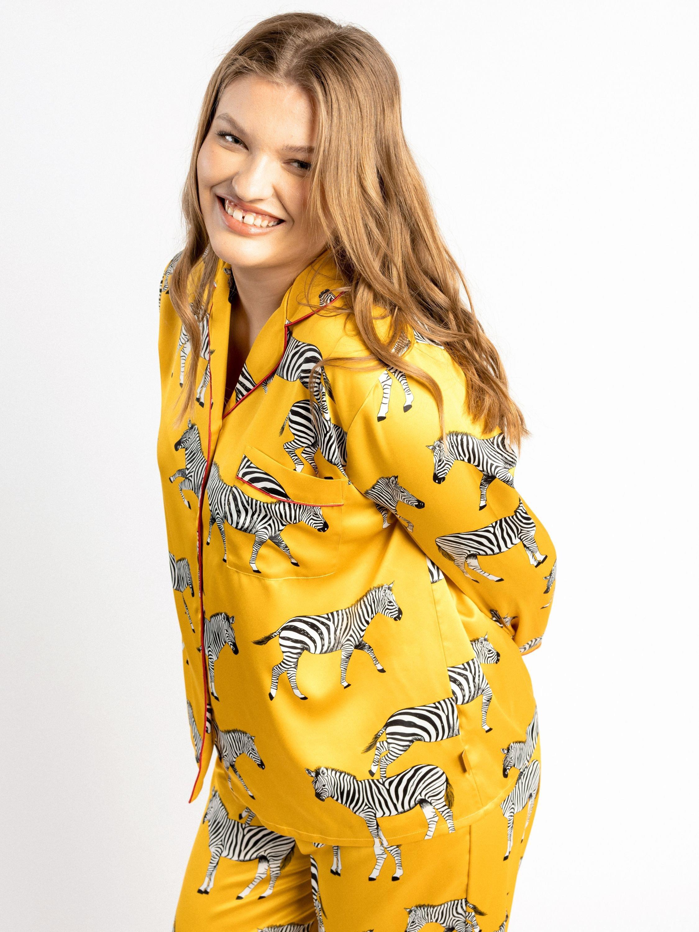 Chelsea Peers Curve Zebra Long Shirt Satin Pyjama Set, Mustard, 18