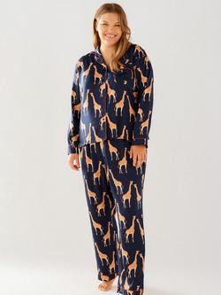 Chelsea Peers Curve Satin Giraffe Print Long Pyjama Set, Navy/Multi, Navy/Multi