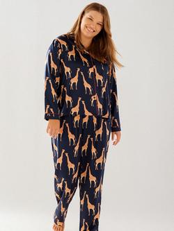 Chelsea Peers Curve Satin Giraffe Print Long Pyjama Set, Navy/Multi - view 2, Navy/Multi