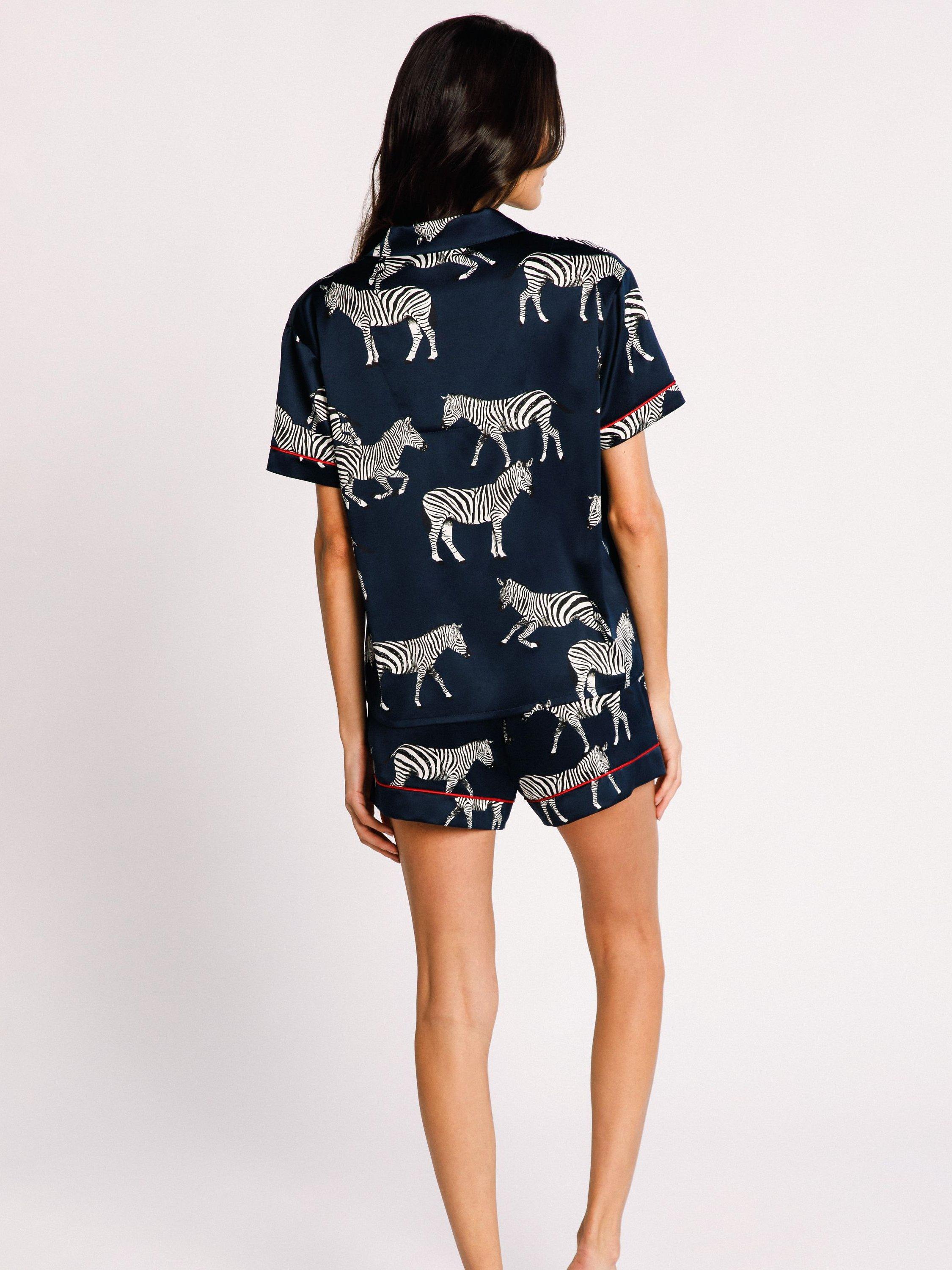 Product image 3 of 5, which shows Chelsea Peers Zebra Short Shirt Satin Pyjama Set, Navy, 6