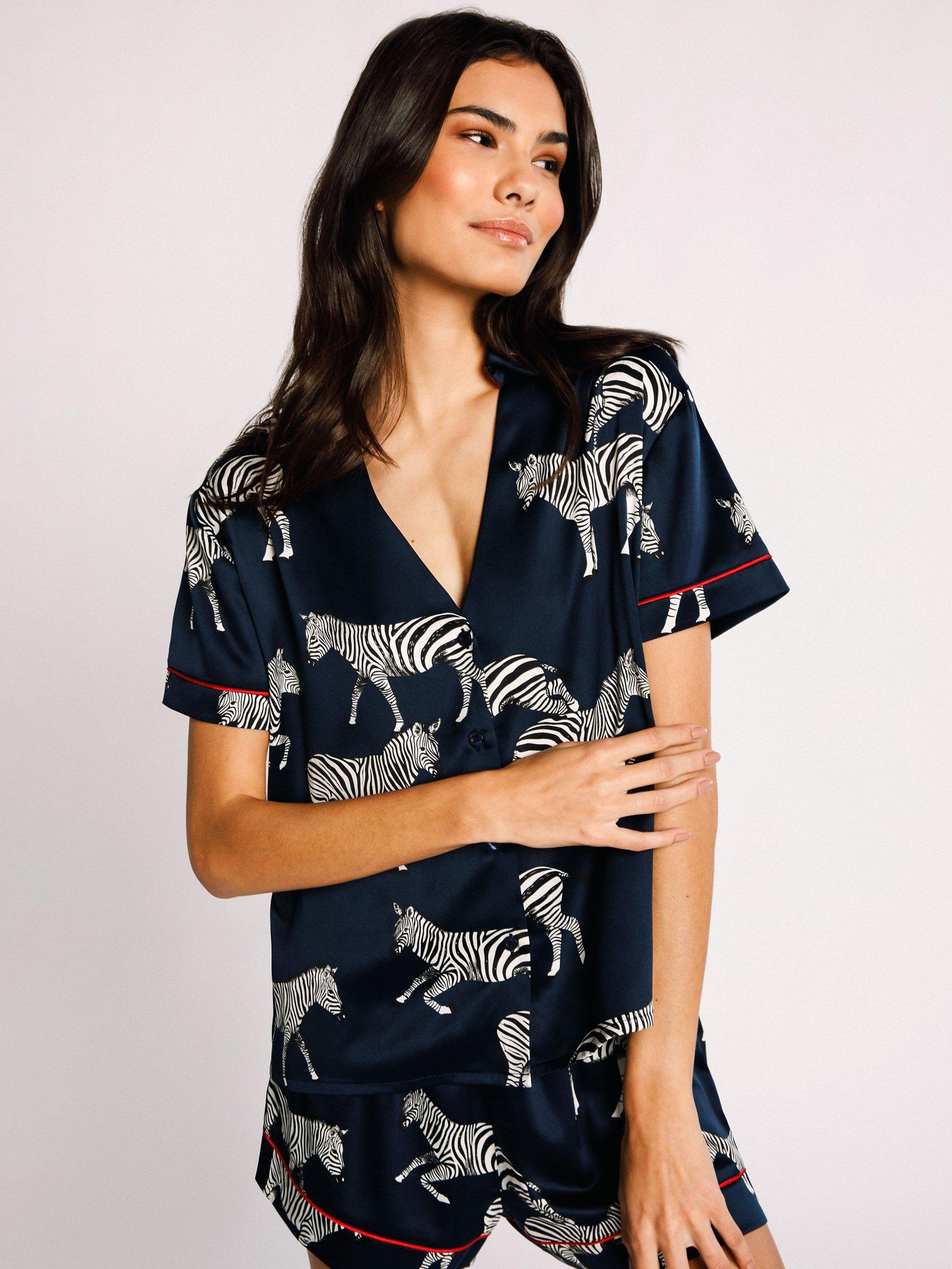 Product image 4 of 5, which shows Chelsea Peers Zebra Short Shirt Satin Pyjama Set, Navy, 6
