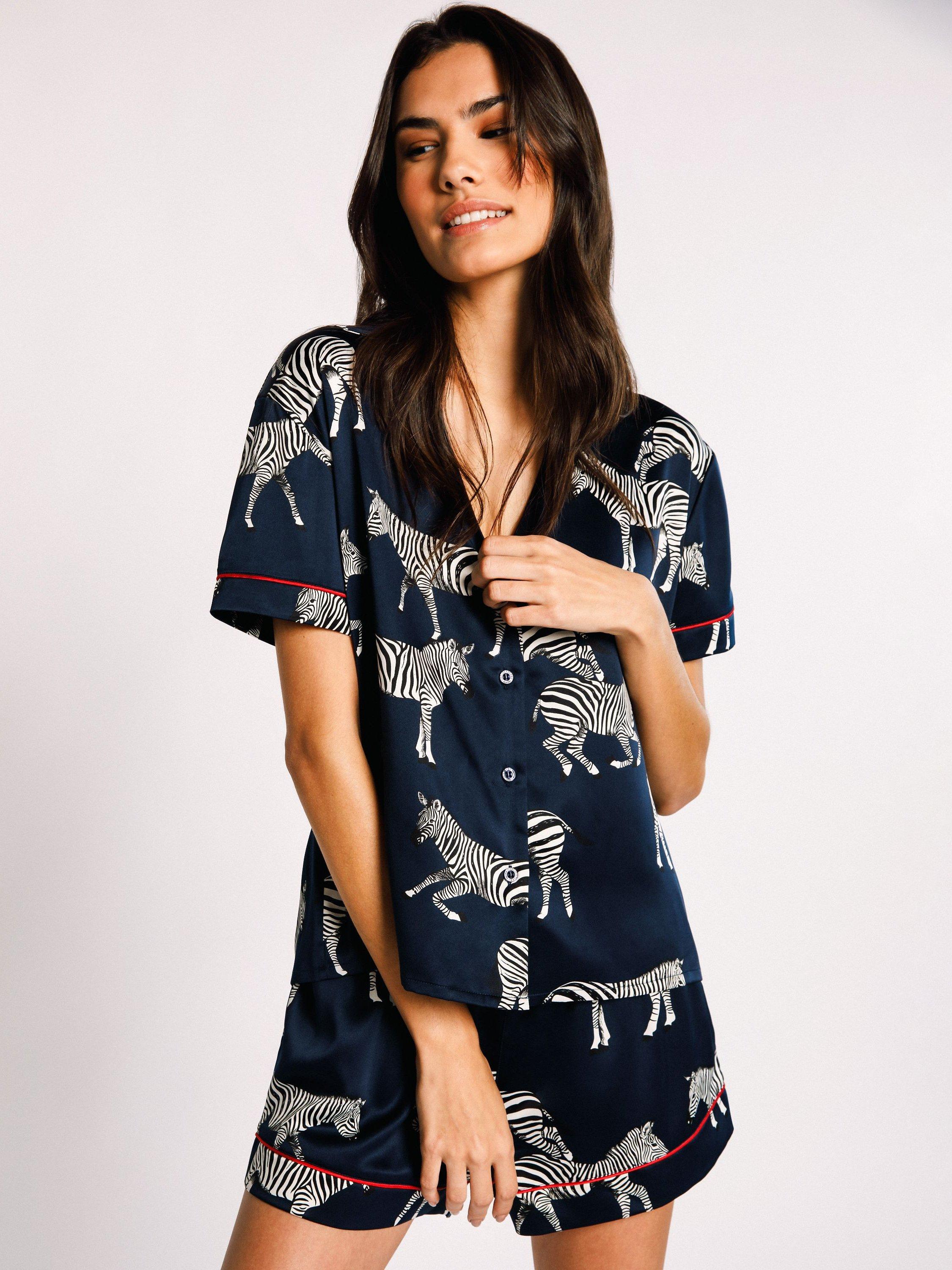Product image 5 of 5, which shows Chelsea Peers Zebra Short Shirt Satin Pyjama Set, Navy, 6