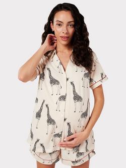 Chelsea Peers Giraffe Short Shirt Organic Cotton Maternity Pyjama Set, Off White - view 2, Off White