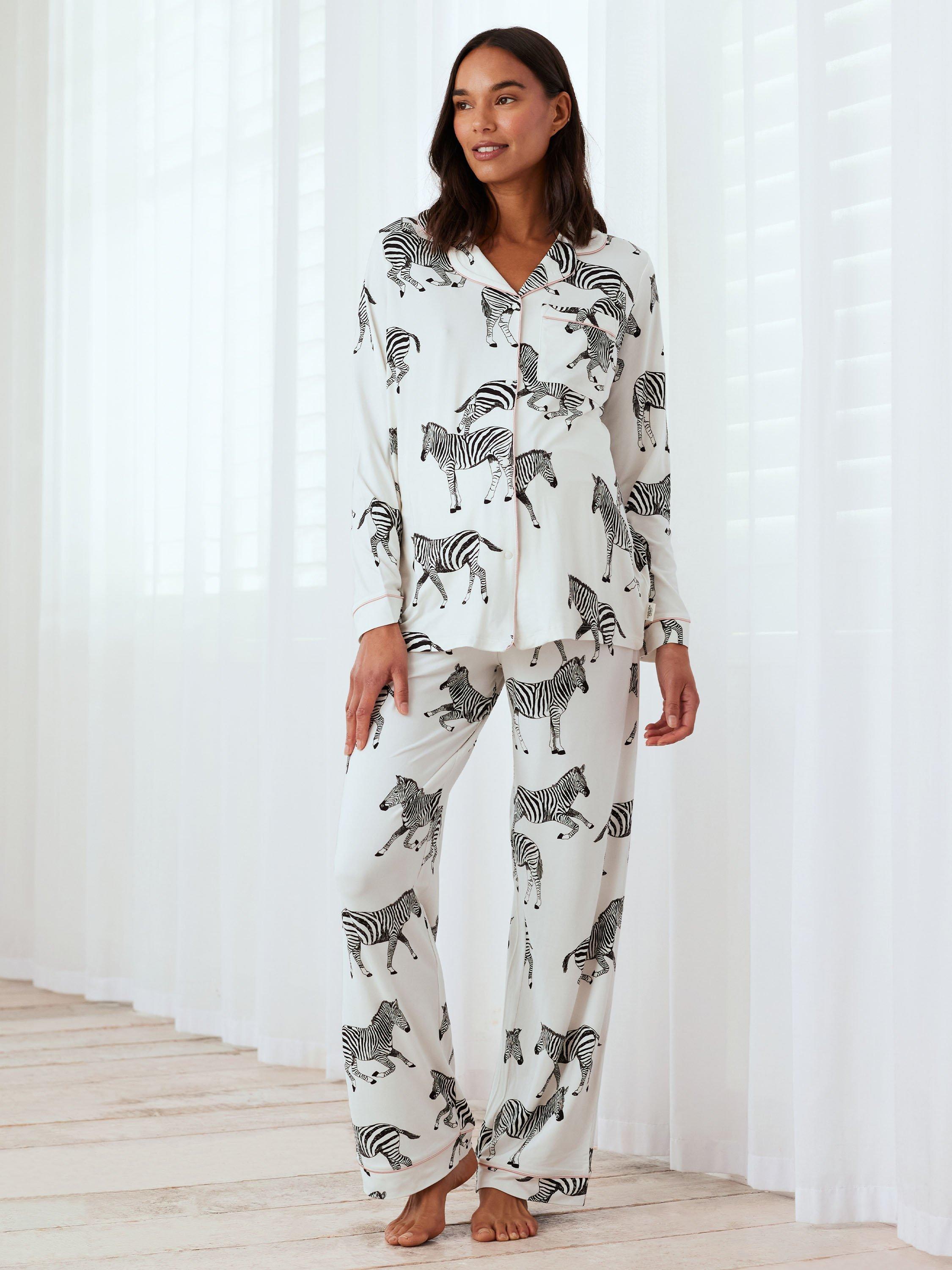 Chelsea Peers Zebra Long Shirt Maternity Pyjama Set, White