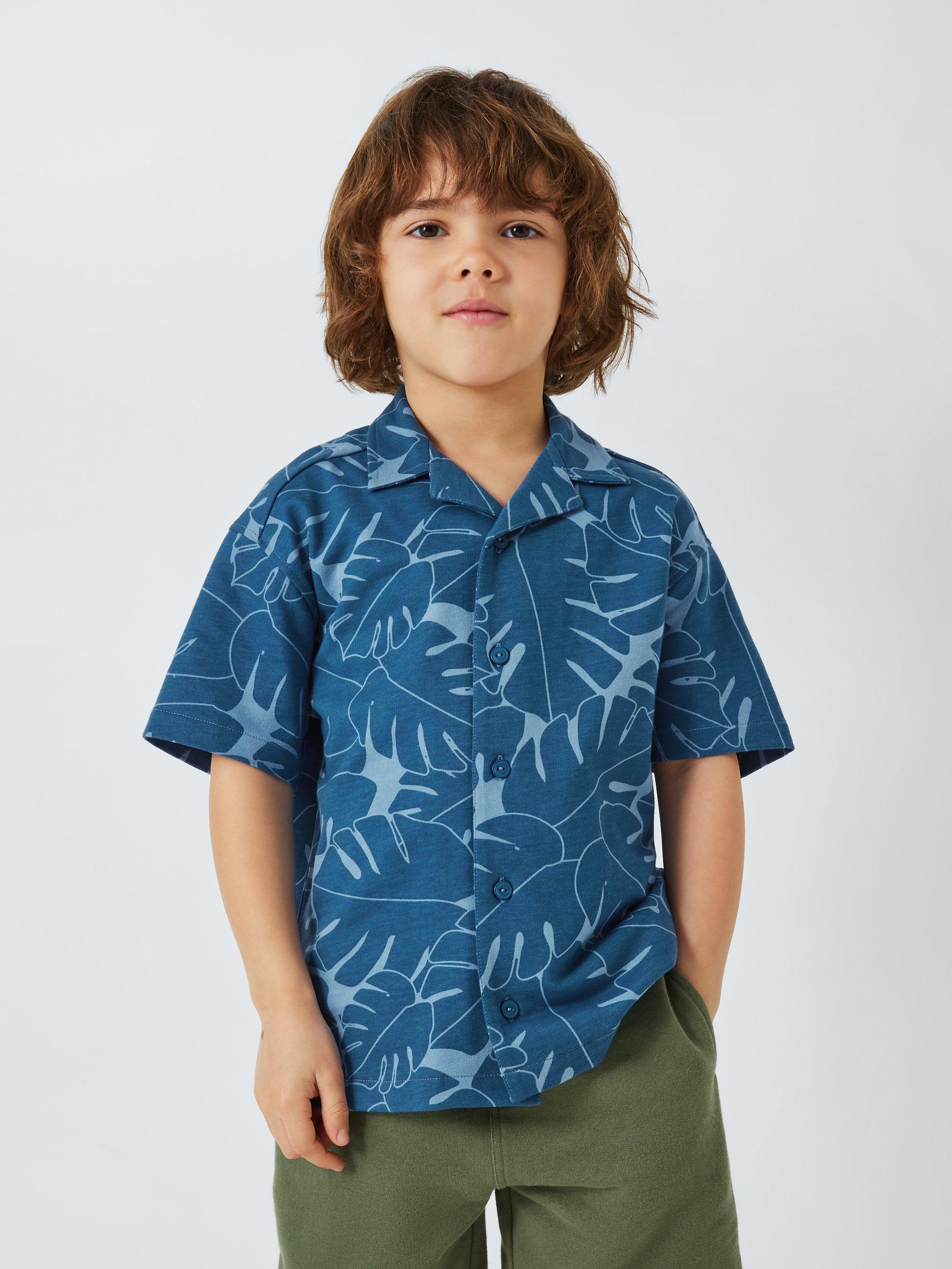 John Lewis Kids Palm Jersey Print Short Sleeve Shirt Blue